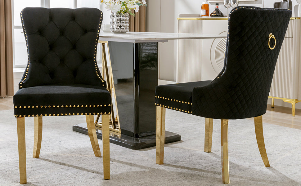 Logidon Dining Chair Set of Two Black Gold Velvet with Nail Head Trim