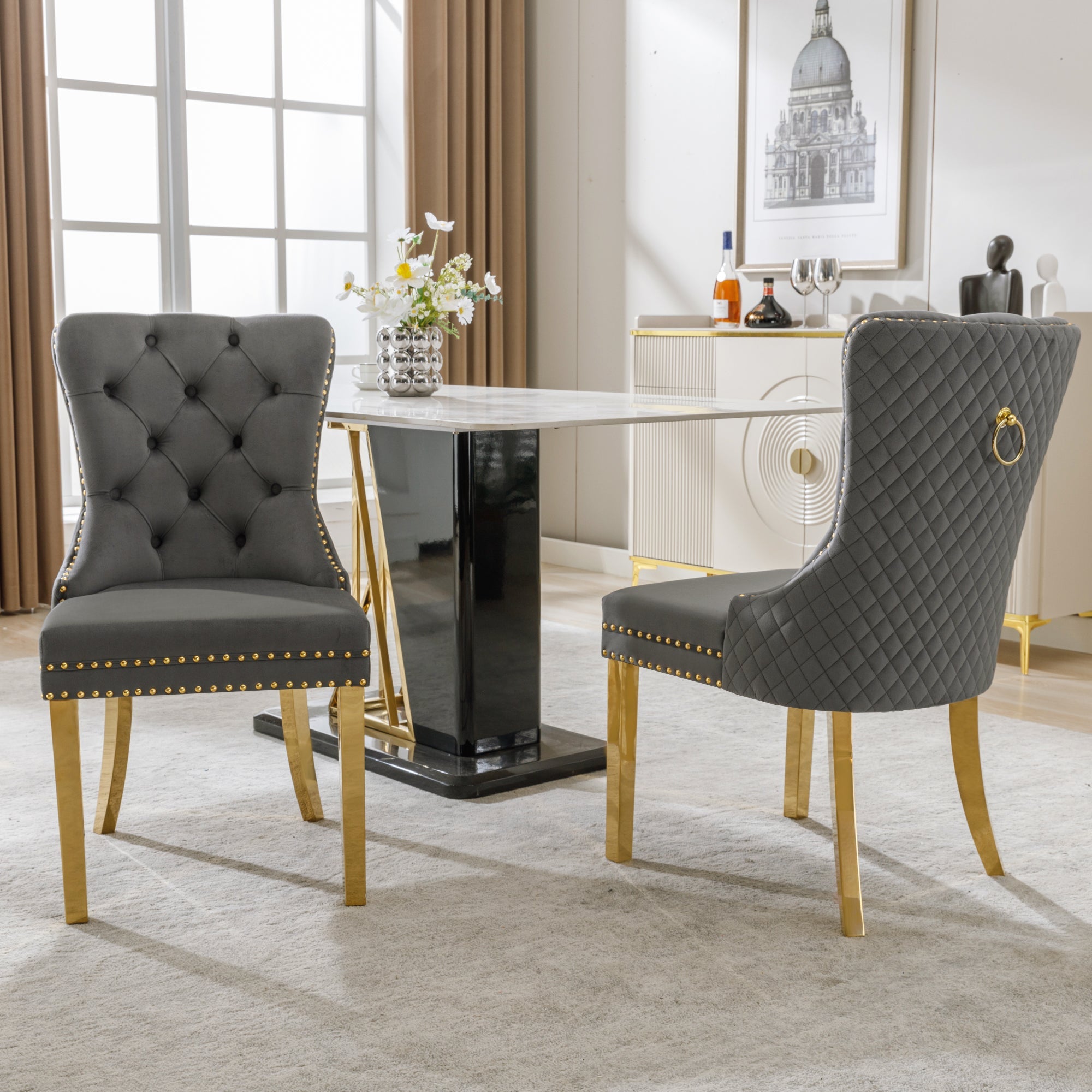 Logidon Dining Chair Velor Gray Nail Head Trim Set of 2