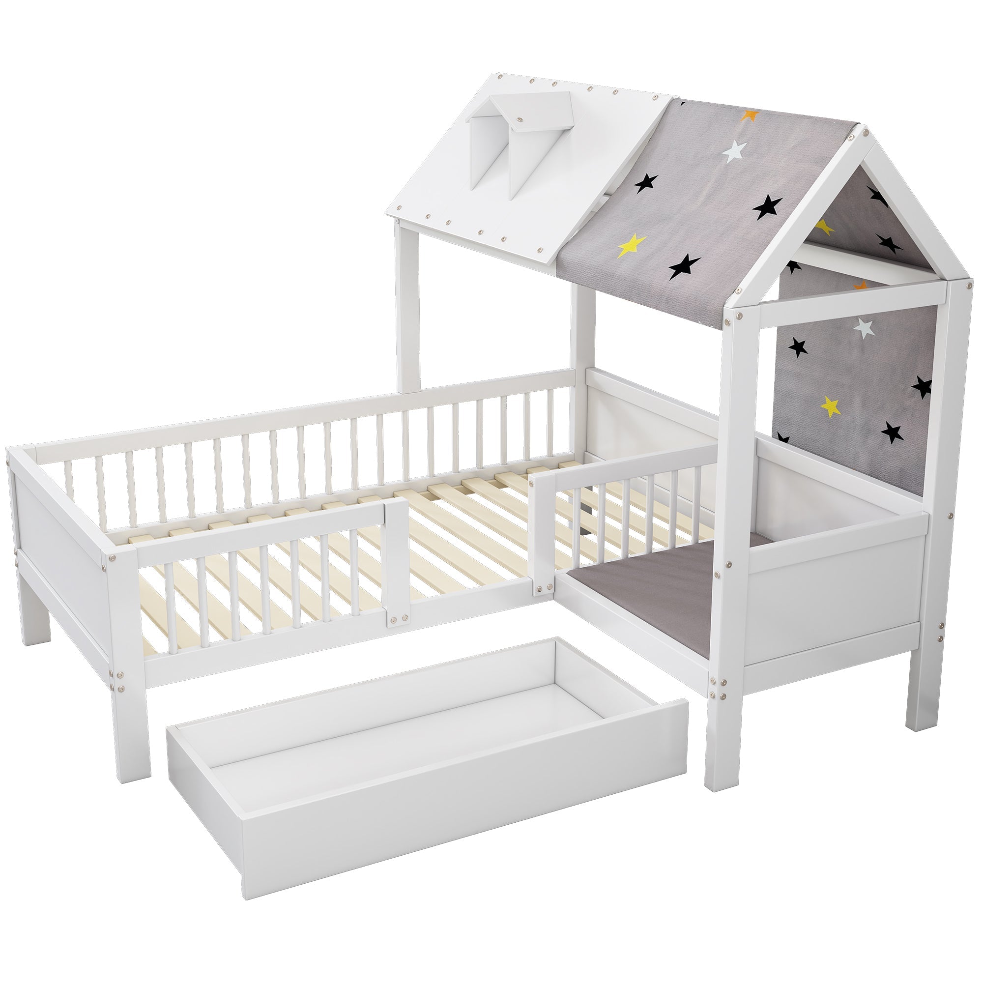 Logidon Huisvormig kinderbed hout 90x200 Witte tentstof Laden