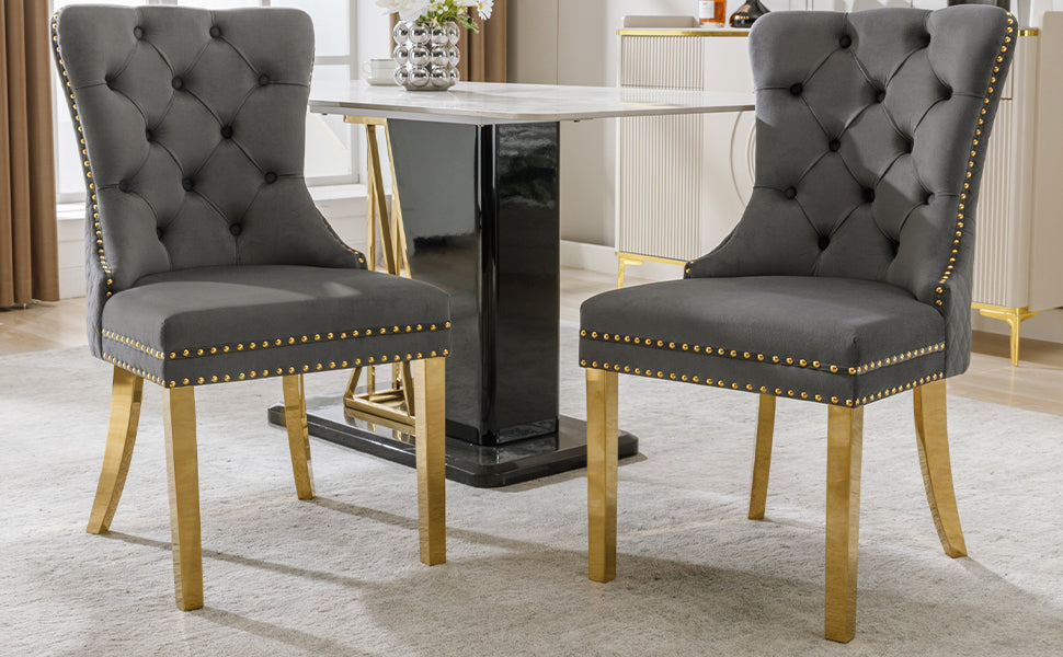 Logidon Dining Chair Velor Gray Nail Head Trim Set of 2