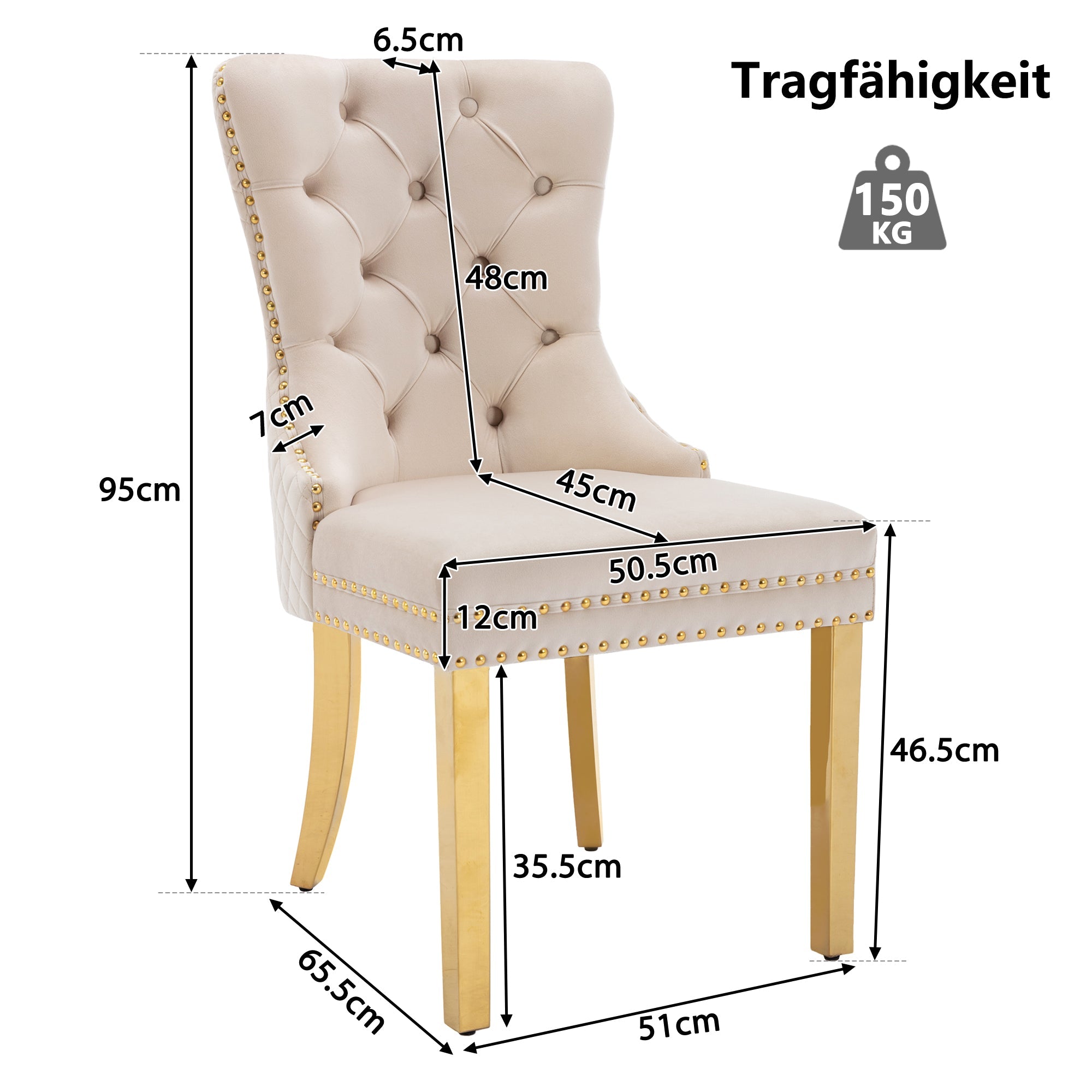 Logidon Eetkamerstoel fluweelbeige goudkleurige spijkerkopversiering set van 2