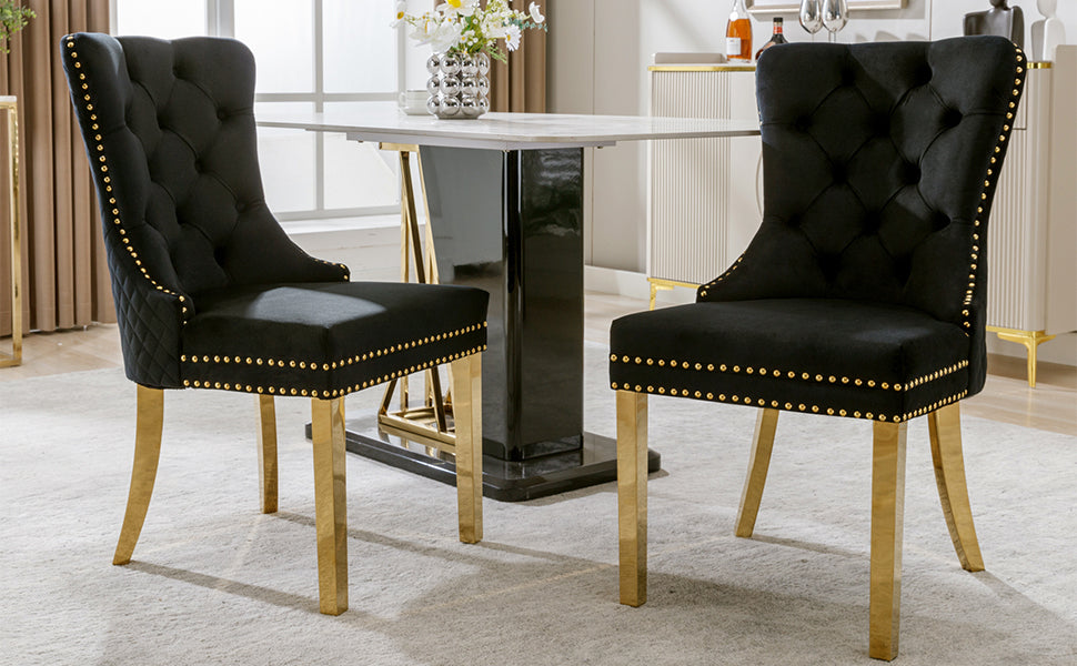 Logidon Dining Chair Set of Two Black Gold Velvet with Nail Head Trim