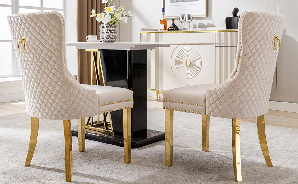 Logidon Eetkamerstoel fluweelbeige goudkleurige spijkerkopversiering set van 2