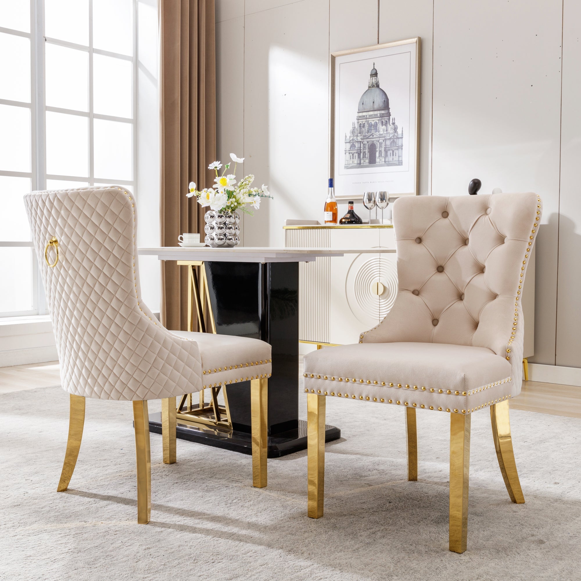 Logidon Eetkamerstoel fluweelbeige goudkleurige spijkerkopversiering set van 2