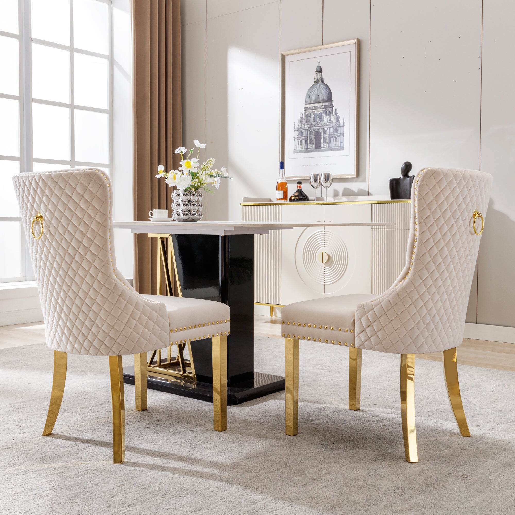 Logidon Eetkamerstoel fluweelbeige goudkleurige spijkerkopversiering set van 2