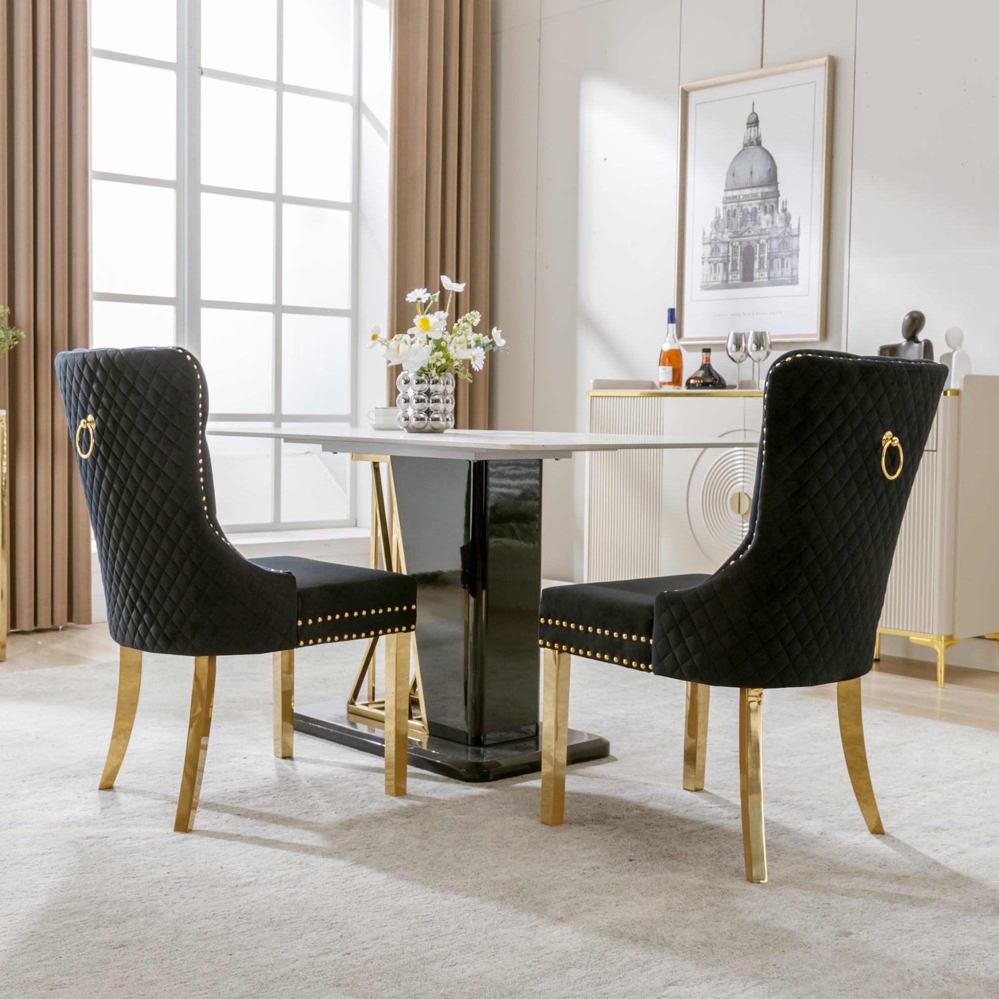 Logidon Dining Chair Set of Two Black Gold Velvet with Nail Head Trim
