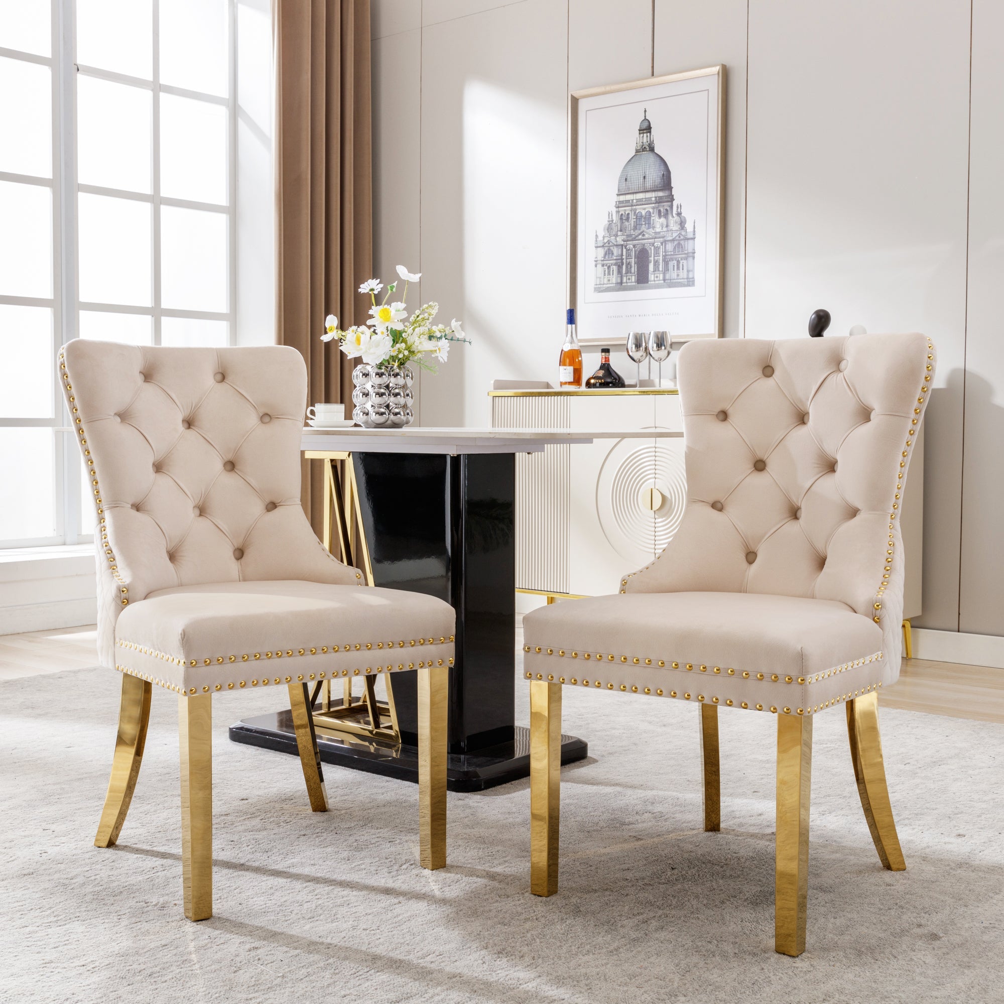 Logidon Eetkamerstoel fluweelbeige goudkleurige spijkerkopversiering set van 2