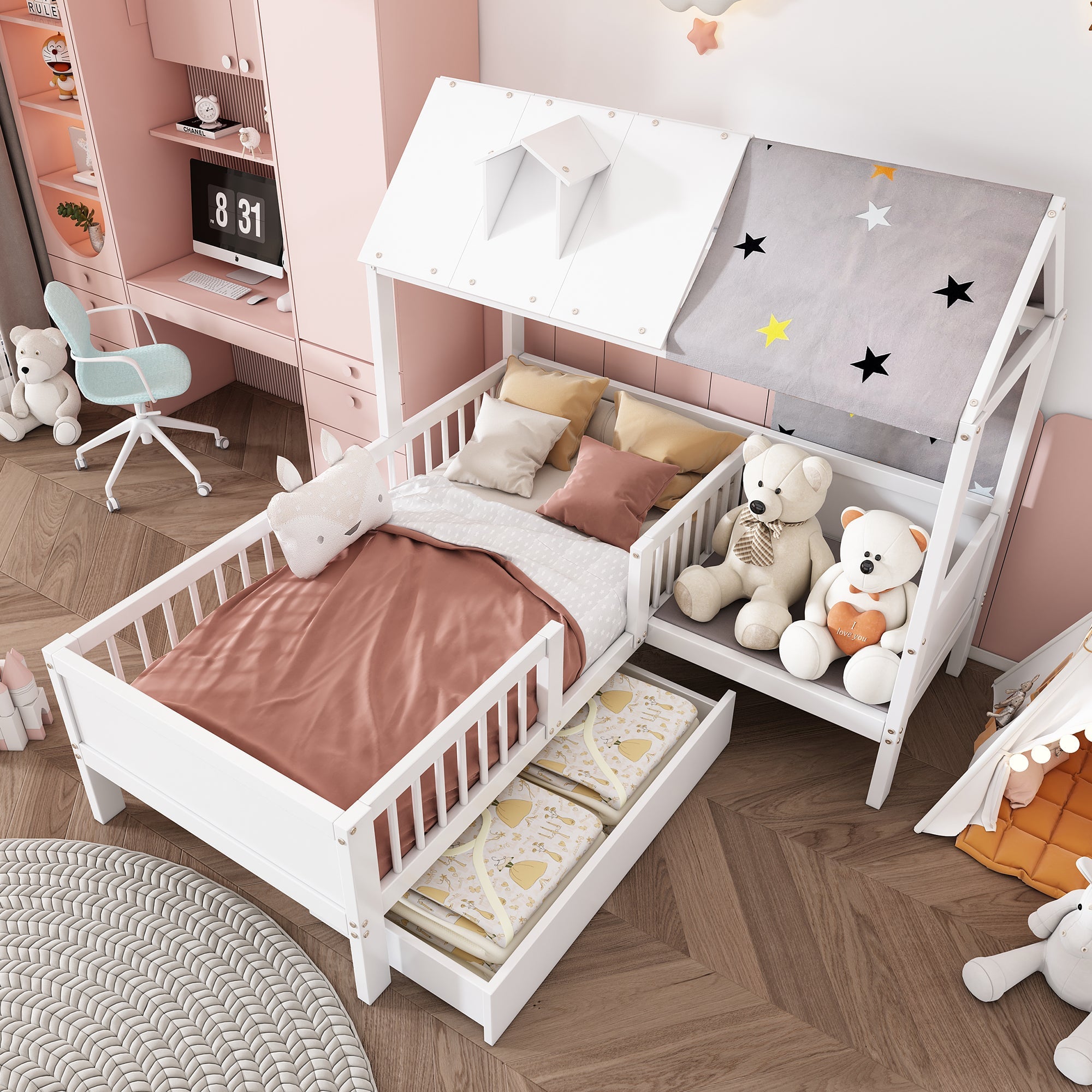 Logidon Huisvormig kinderbed hout 90x200 Witte tentstof Laden