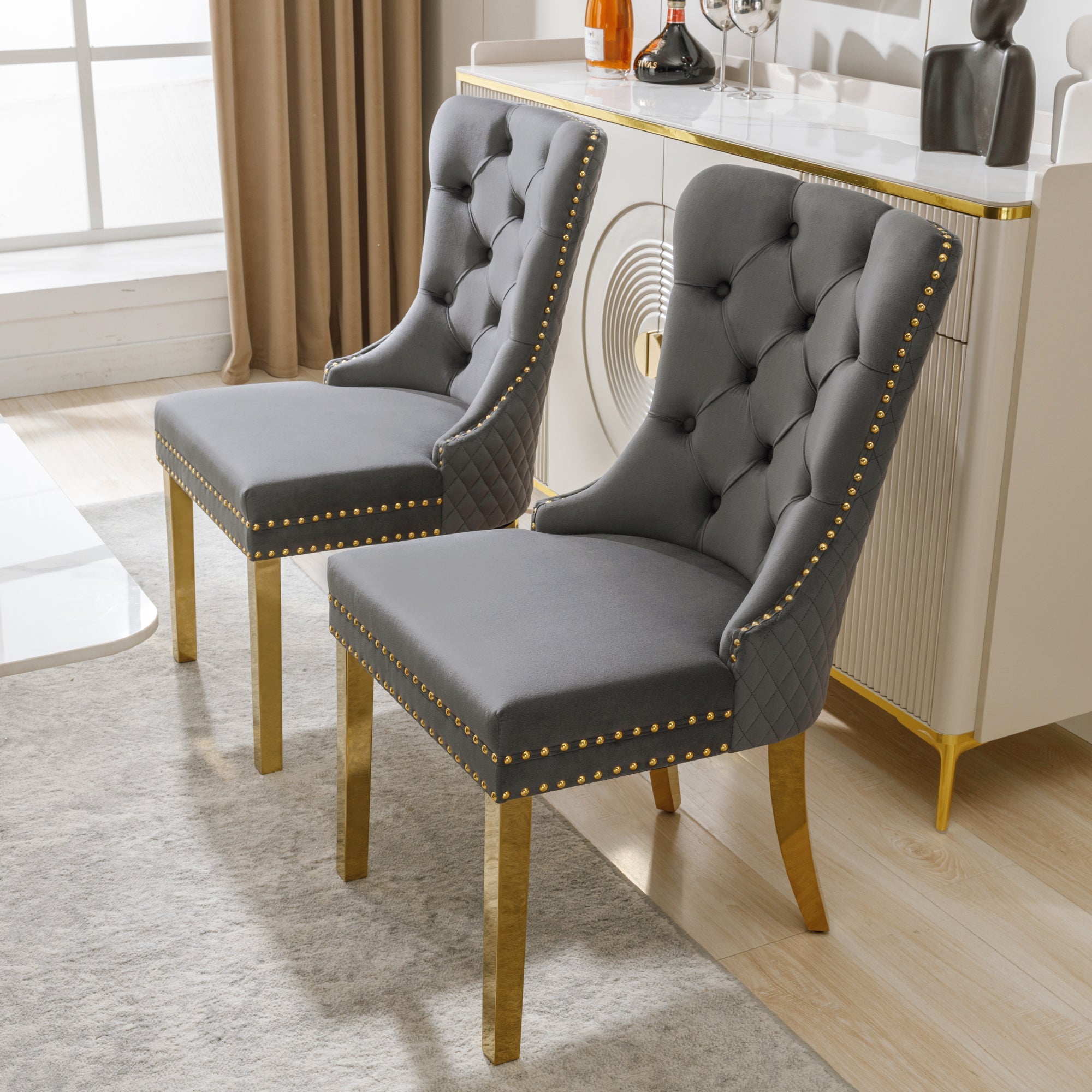 Logidon Dining Chair Velor Gray Nail Head Trim Set of 2