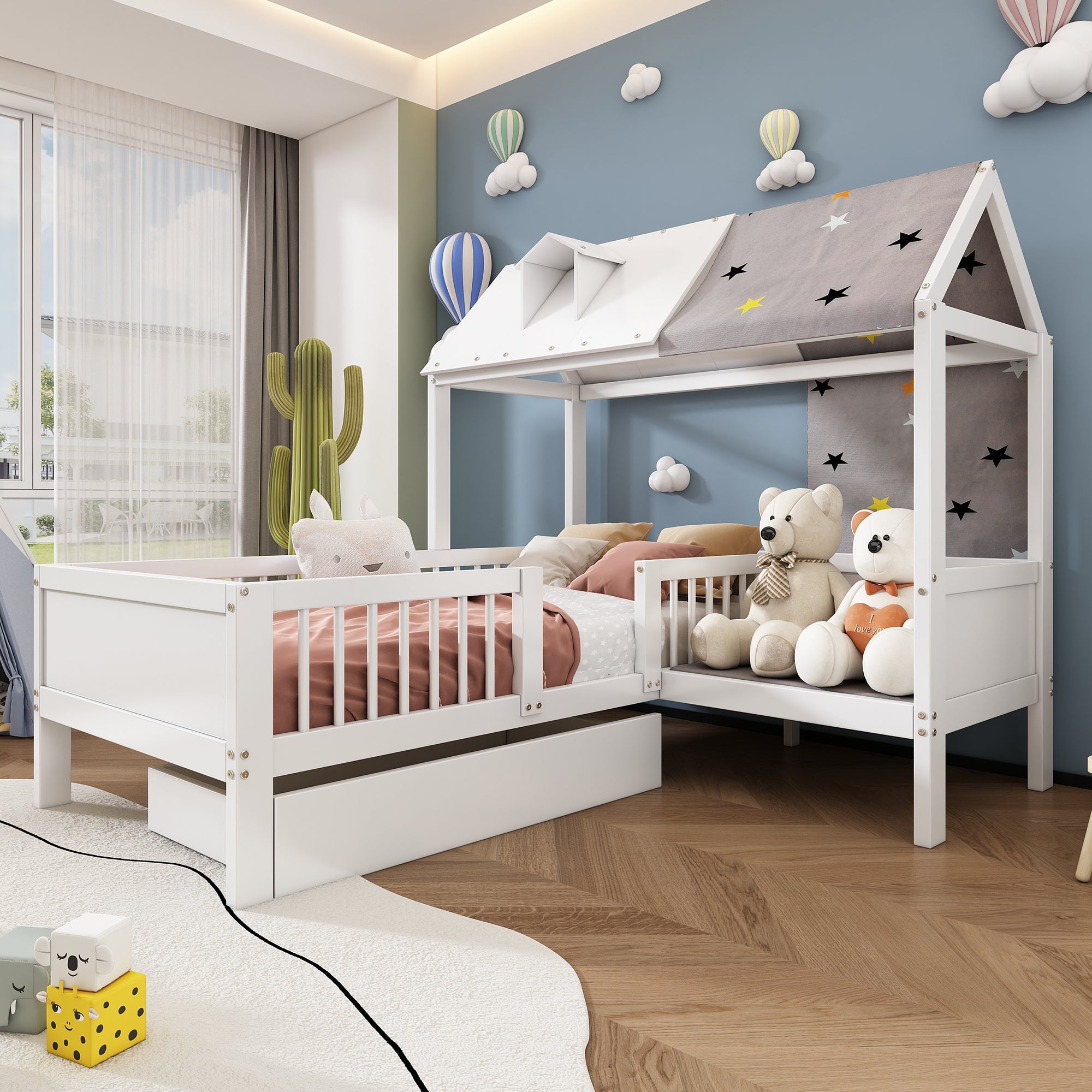 Logidon Huisvormig kinderbed hout 90x200 Witte tentstof Laden