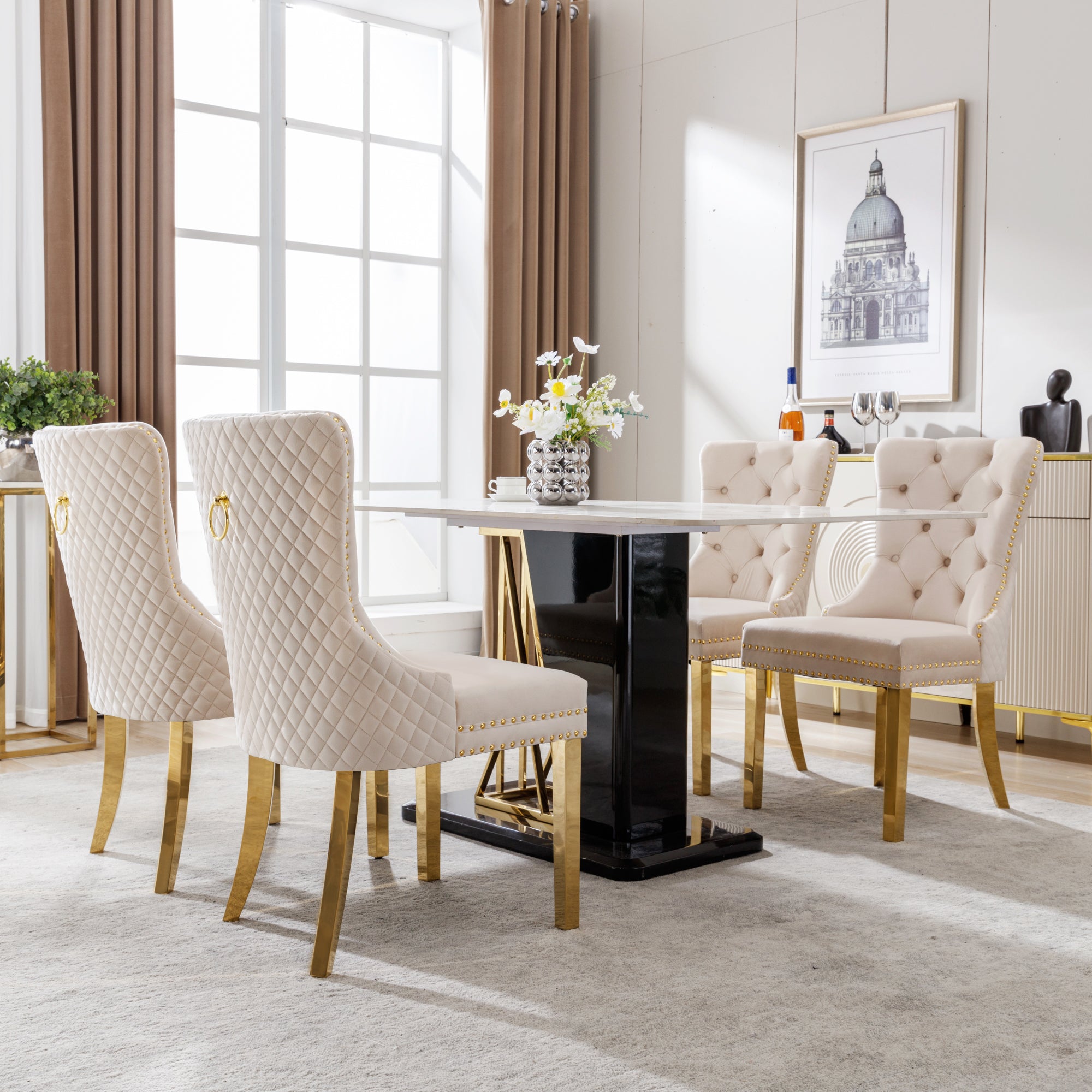 Logidon Dining Chair Set of 4 Beige Velvet Door Knocker Gold Steel Legs
