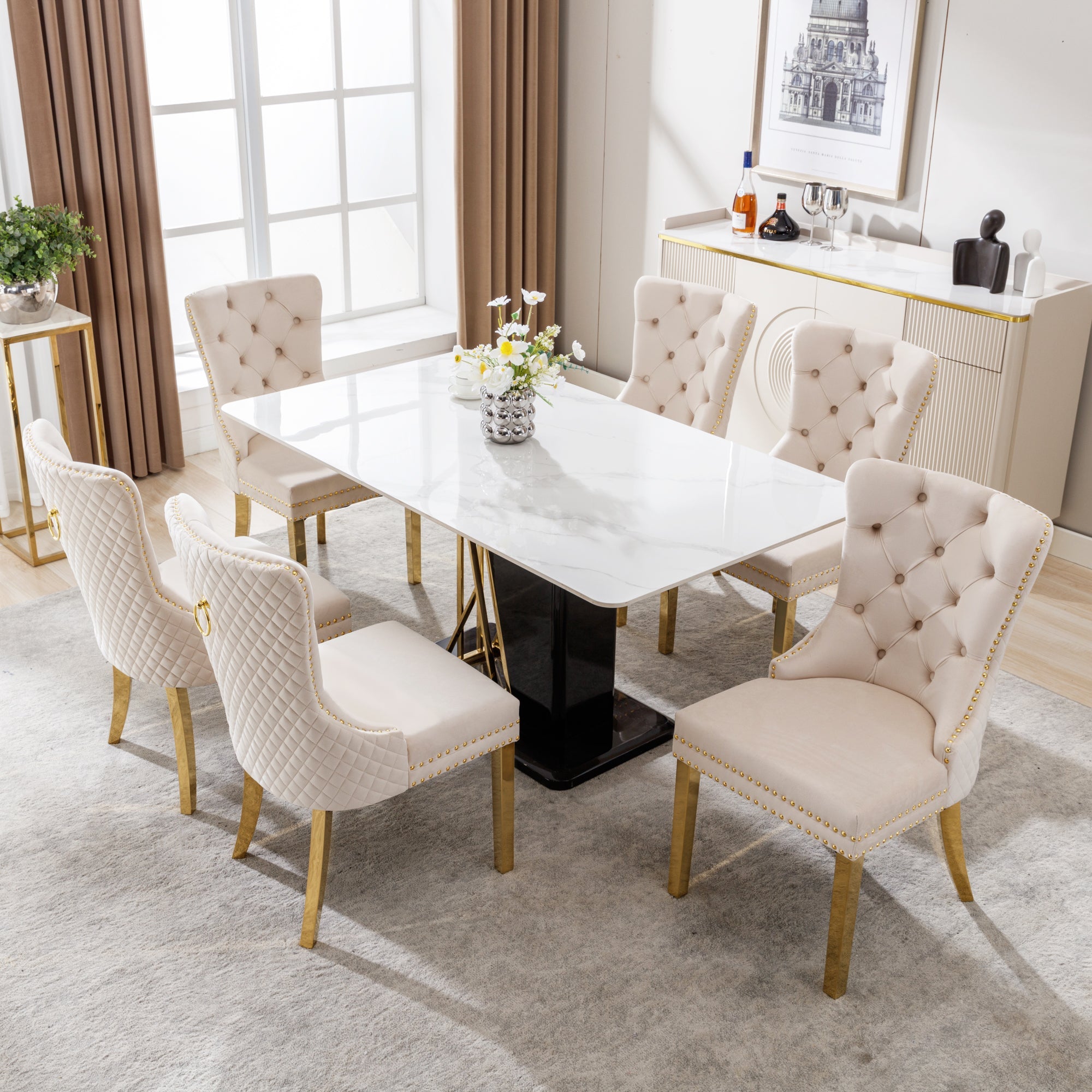 Logidon eetkamerstoelenset beige goud met deurklopper en spijkerkopafwerking