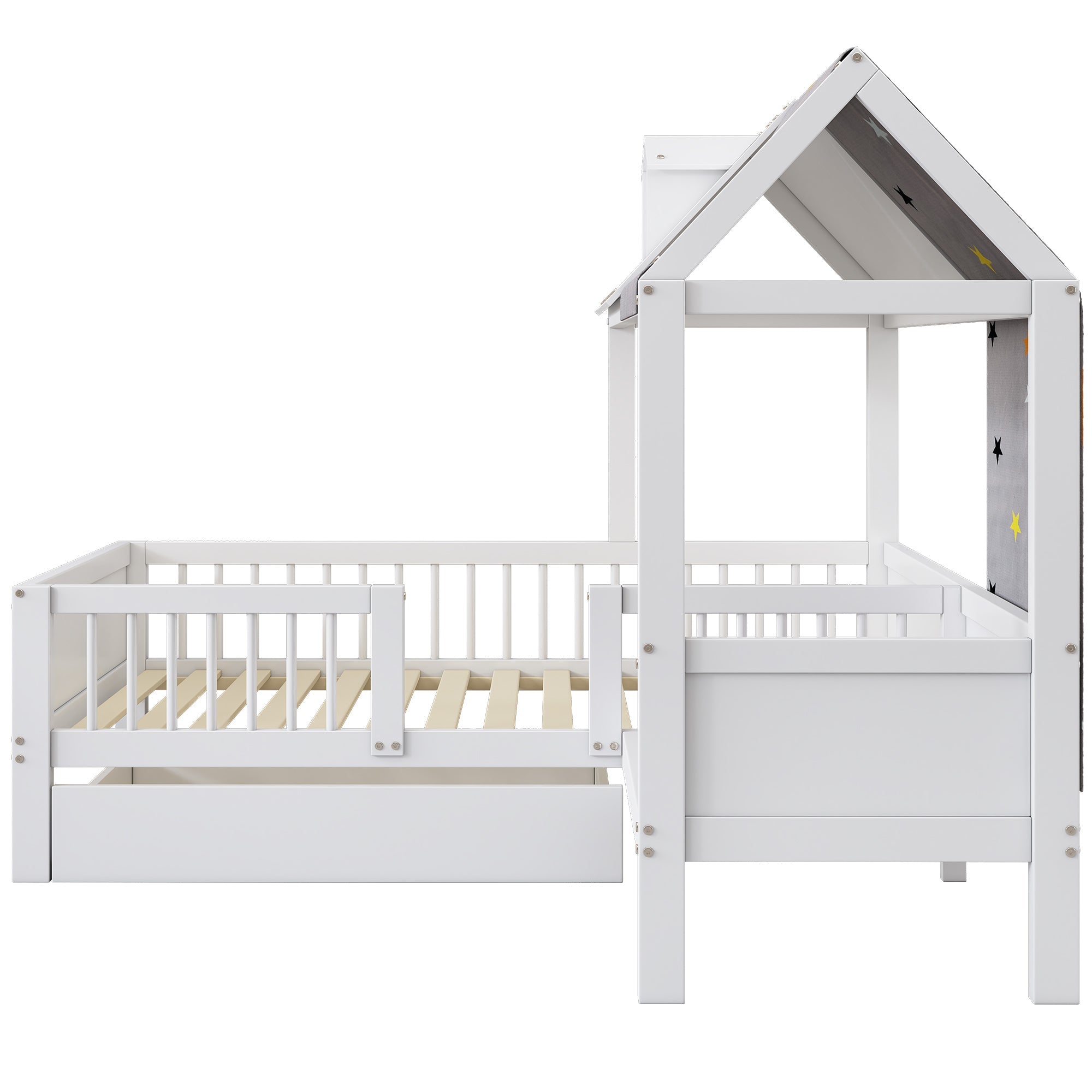 Logidon Huisvormig kinderbed hout 90x200 Witte tentstof Laden