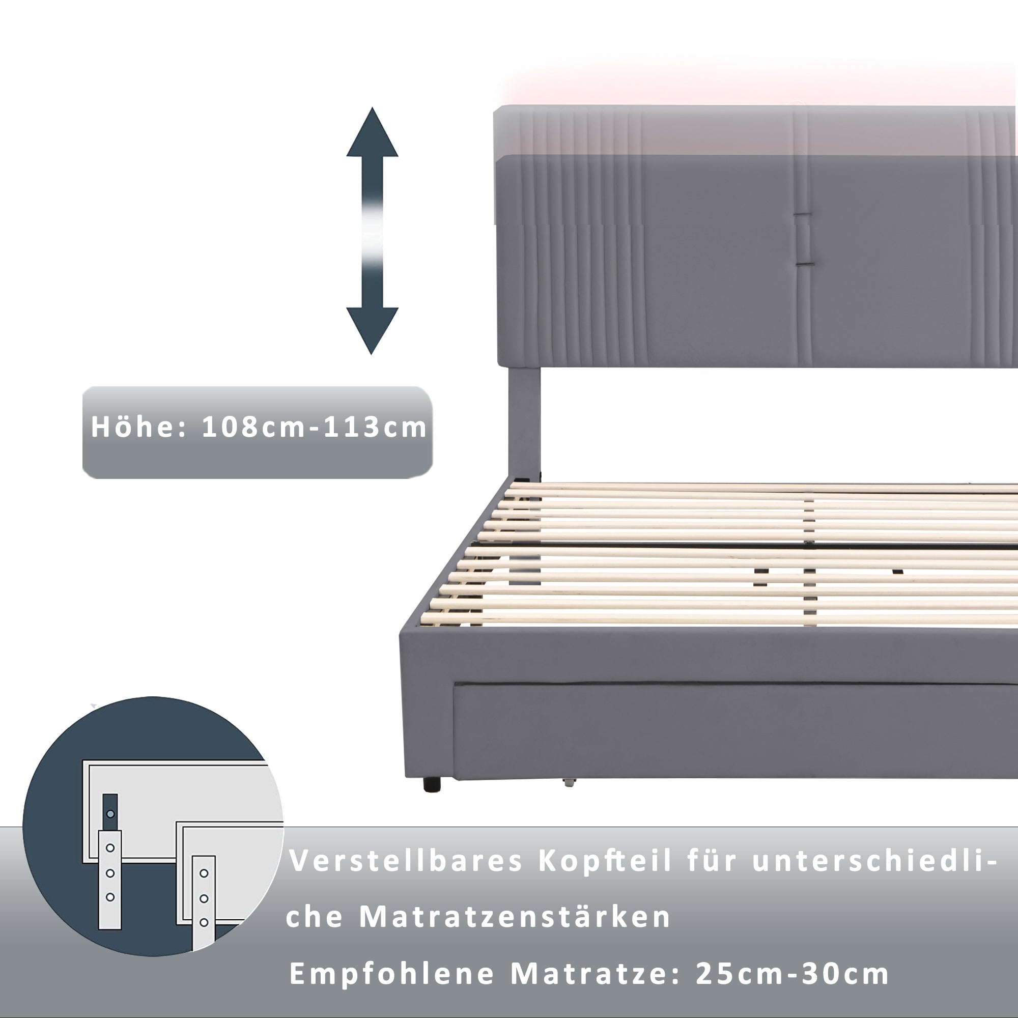 Logidon gestoffeerd bed 140x200 cm met LED lichtstrip USB aansluiting grijs