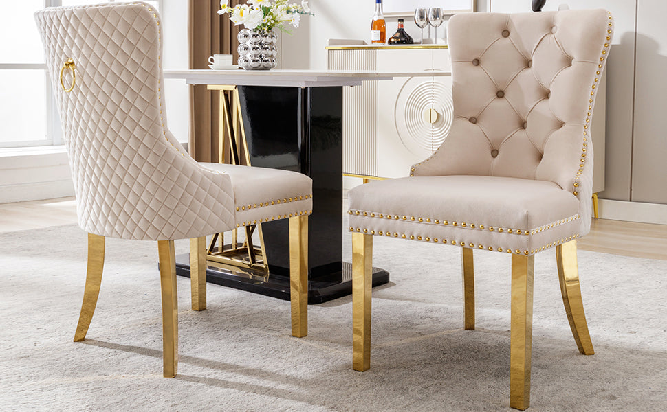 Logidon Eetkamerstoel fluweelbeige goudkleurige spijkerkopversiering set van 2