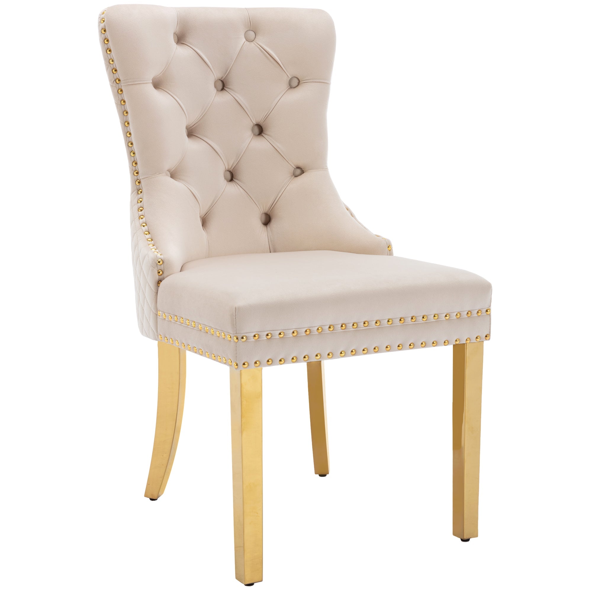 Logidon Dining Chair Set of 4 Beige Velvet Door Knocker Gold Steel Legs