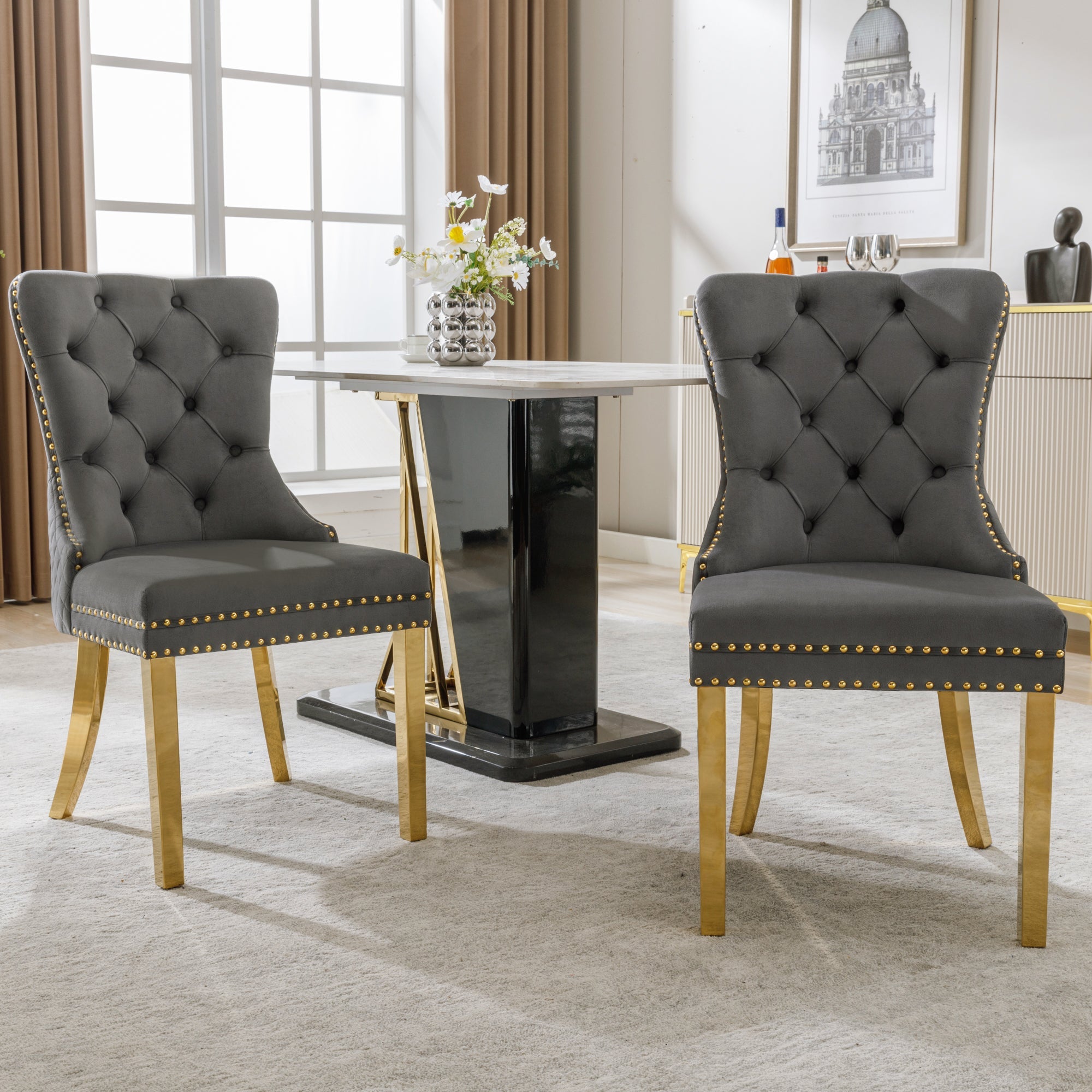 Logidon Dining Chair Velor Gray Nail Head Trim Set of 2