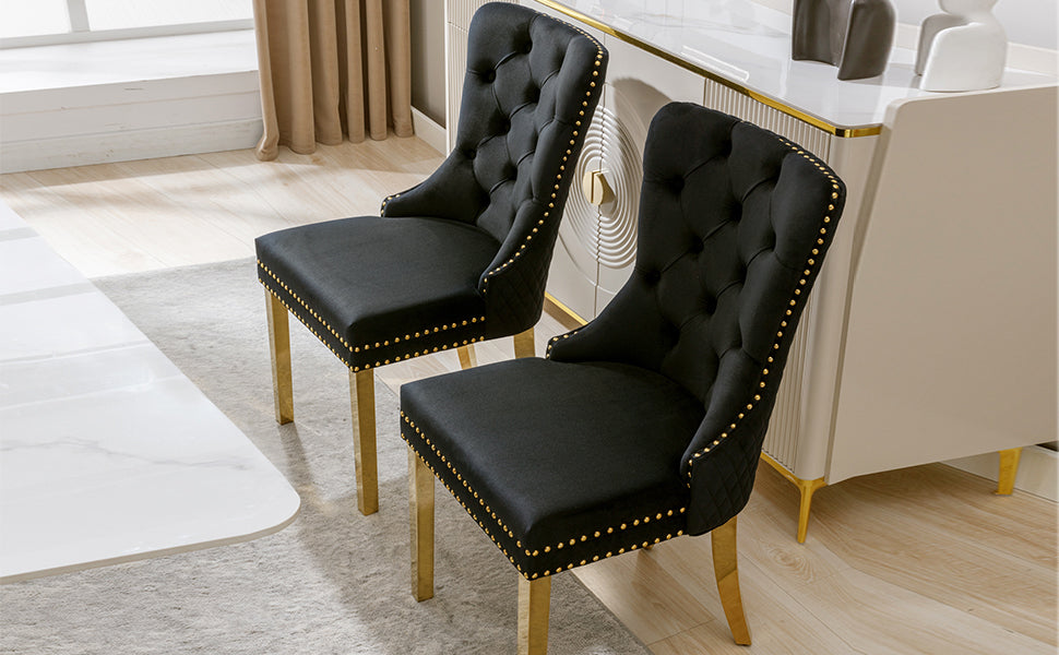 Logidon Dining Chair Set of Two Black Gold Velvet with Nail Head Trim