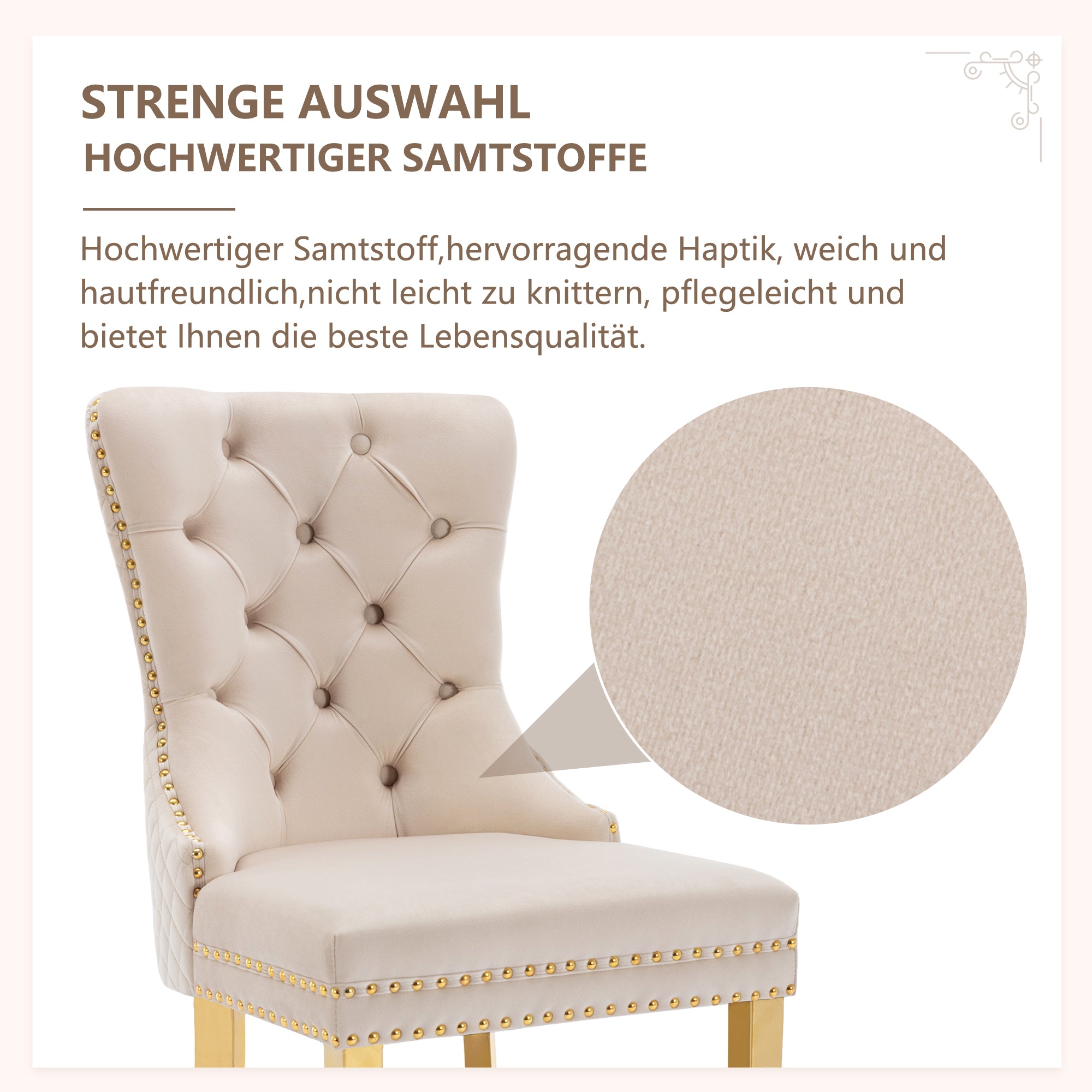 Logidon Dining Chair Set of 4 Beige Velvet Door Knocker Gold Steel Legs