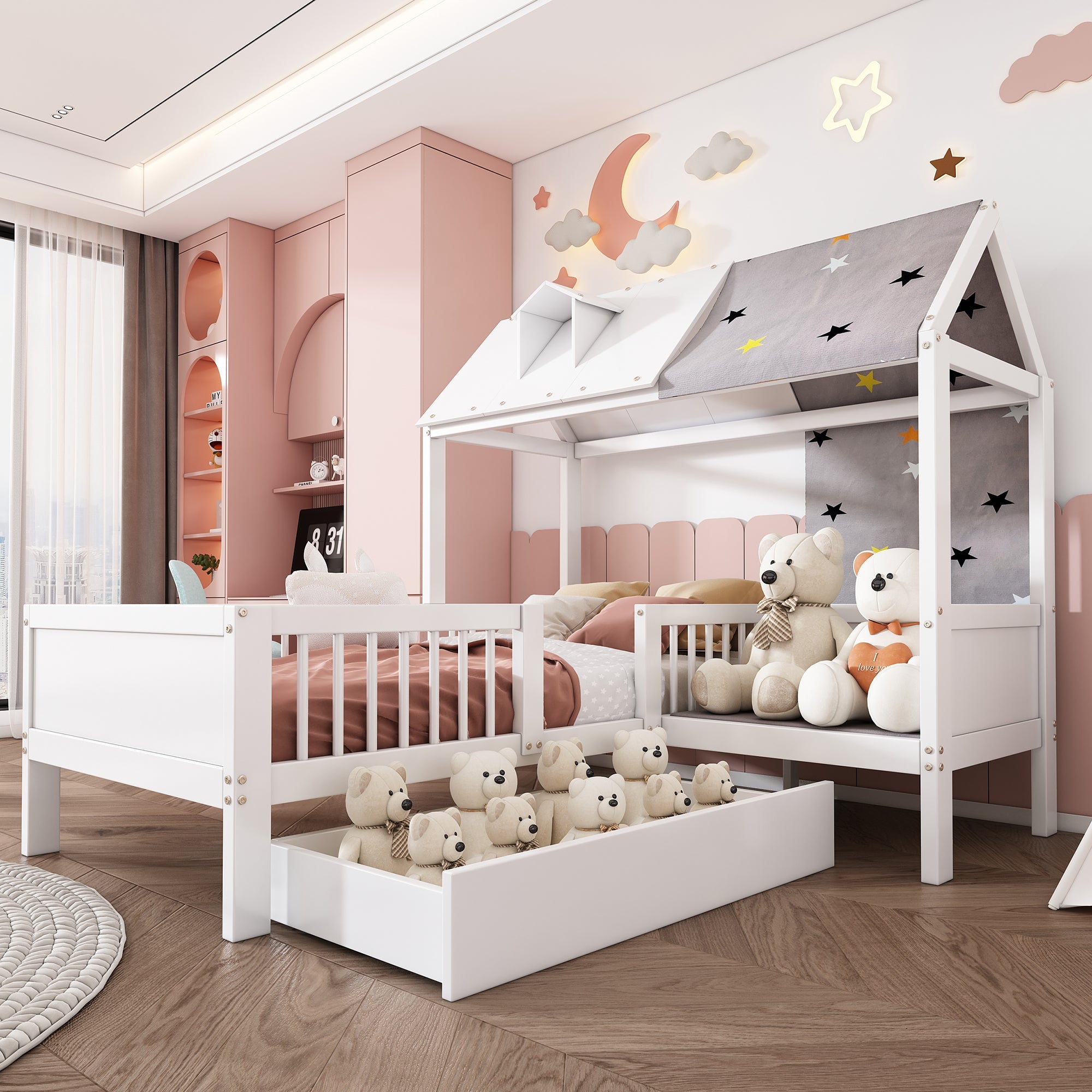 Logidon Huisvormig kinderbed hout 90x200 Witte tentstof Laden