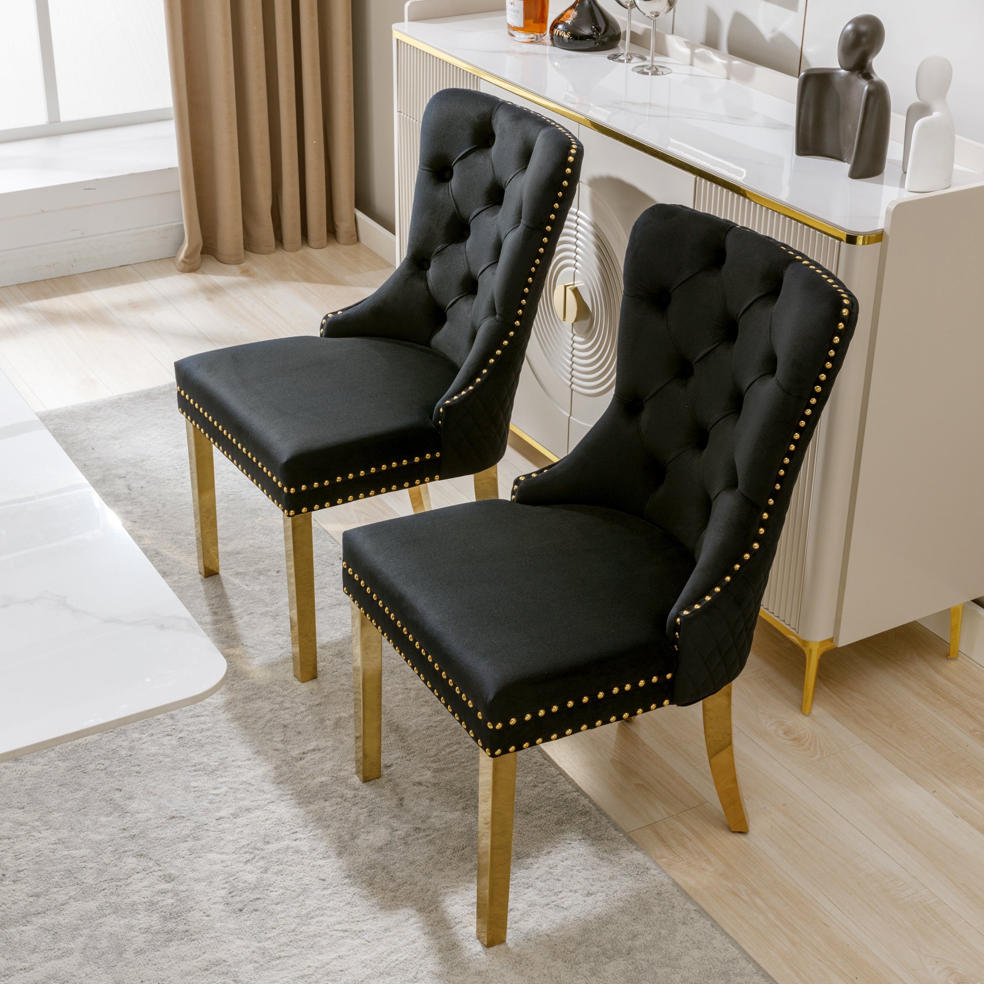 Logidon Dining Chair Set of Two Black Gold Velvet with Nail Head Trim