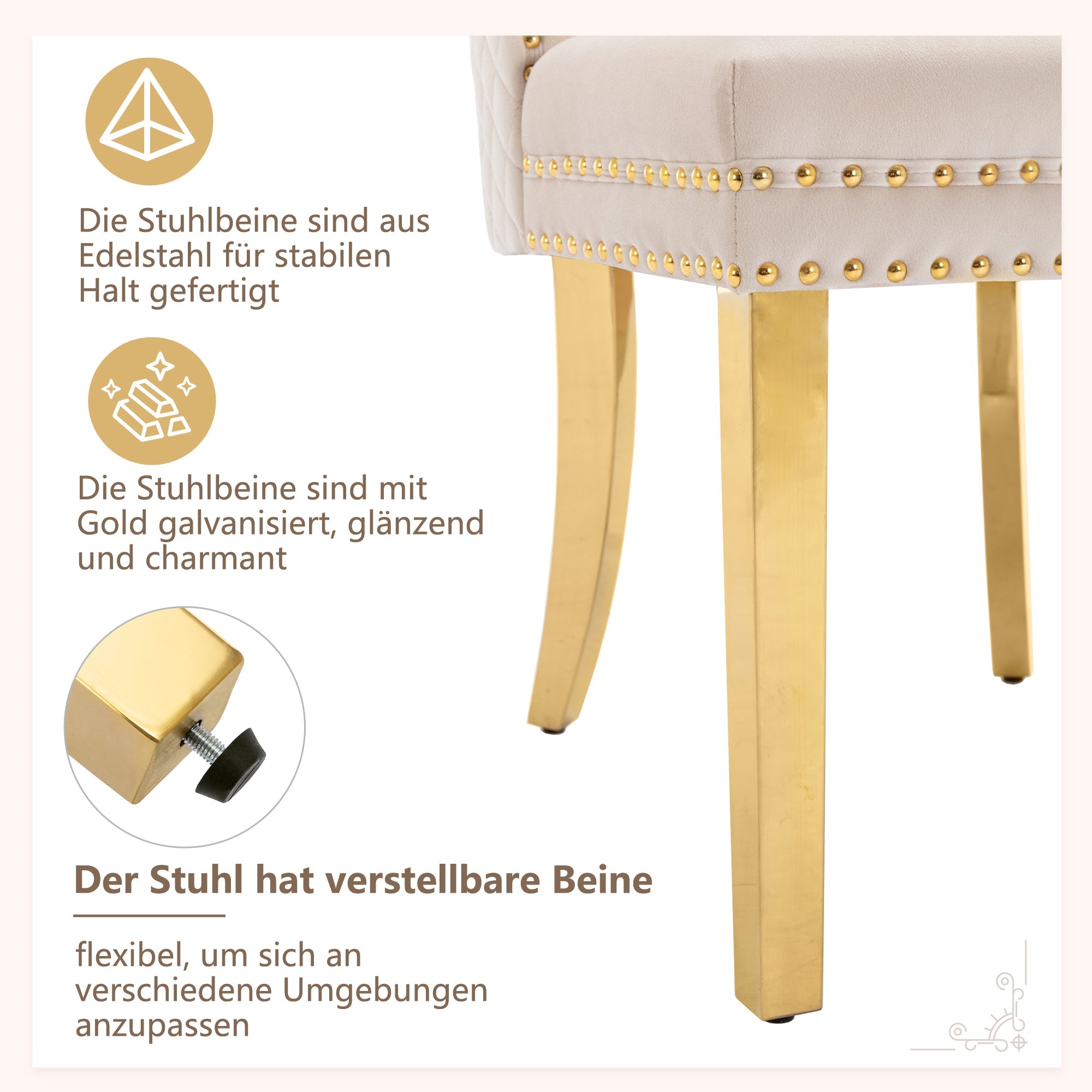 Logidon eetkamerstoelenset beige goud met deurklopper en spijkerkopafwerking