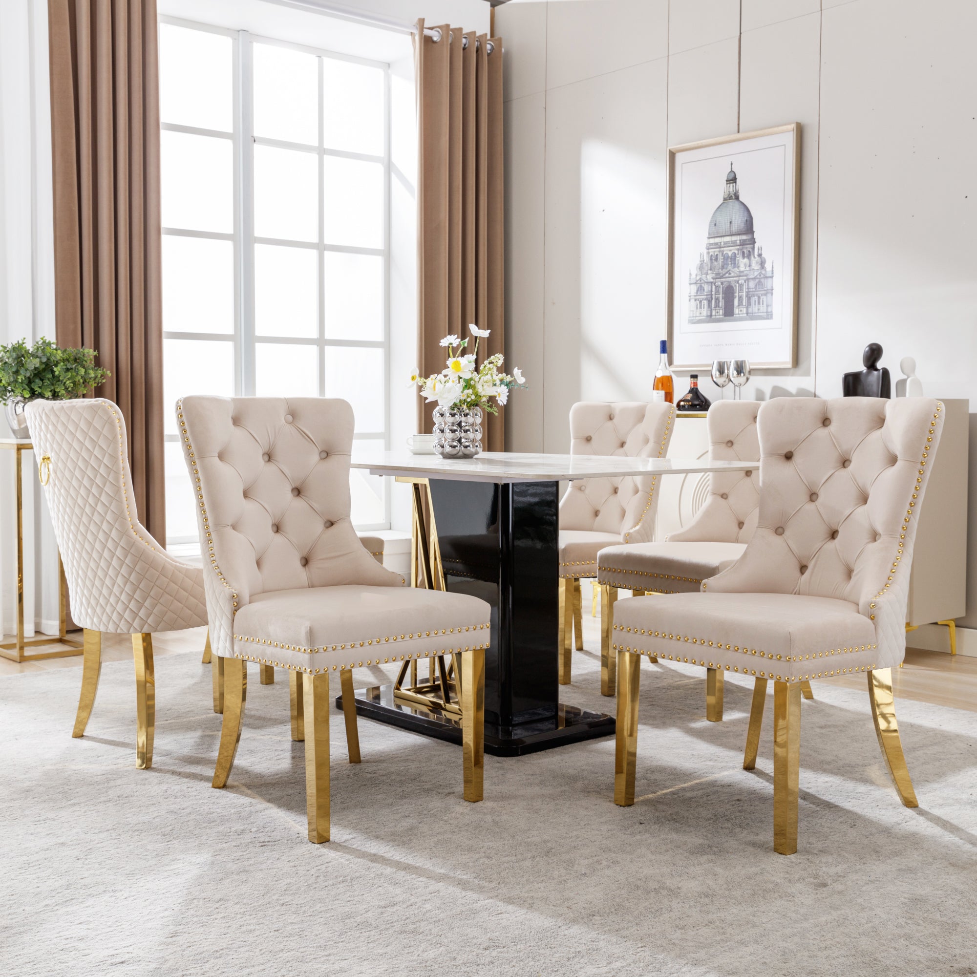 Logidon eetkamerstoelenset beige goud met deurklopper en spijkerkopafwerking