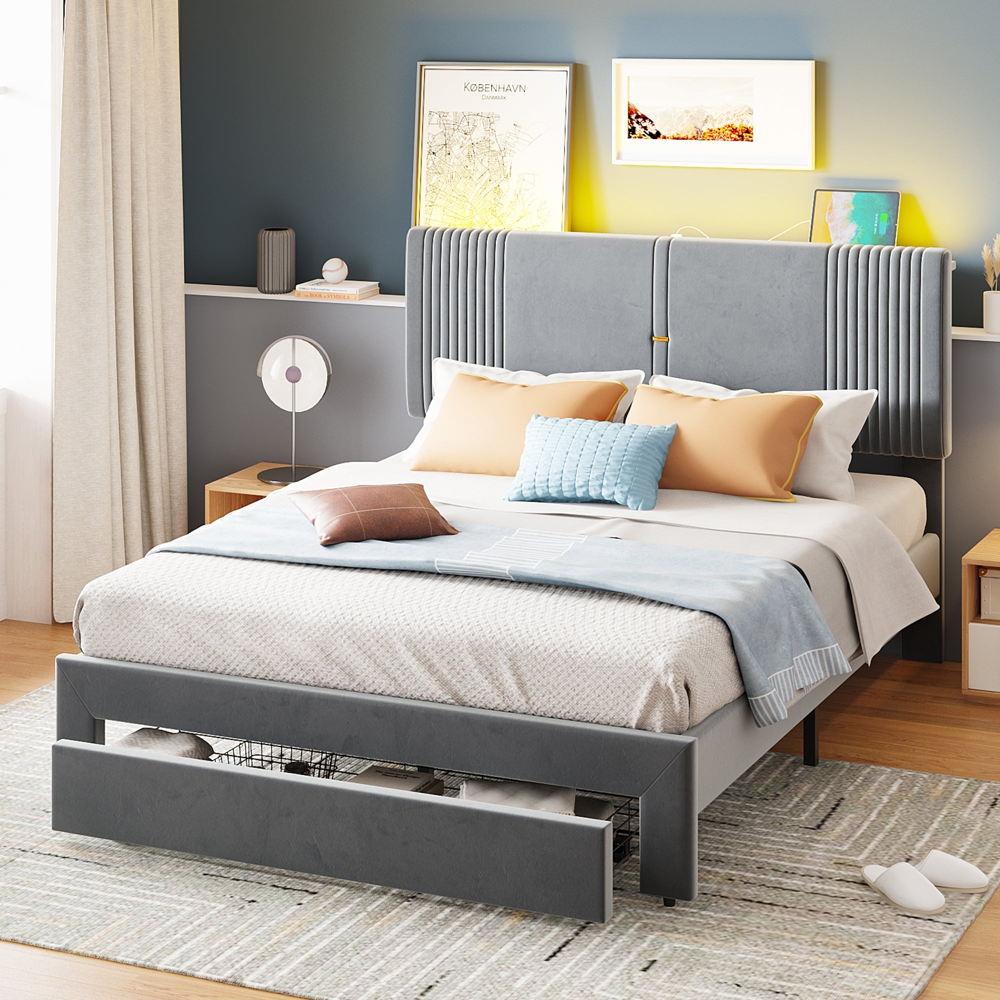 Logidon gestoffeerd bed 140x200 cm met LED lichtstrip USB aansluiting grijs