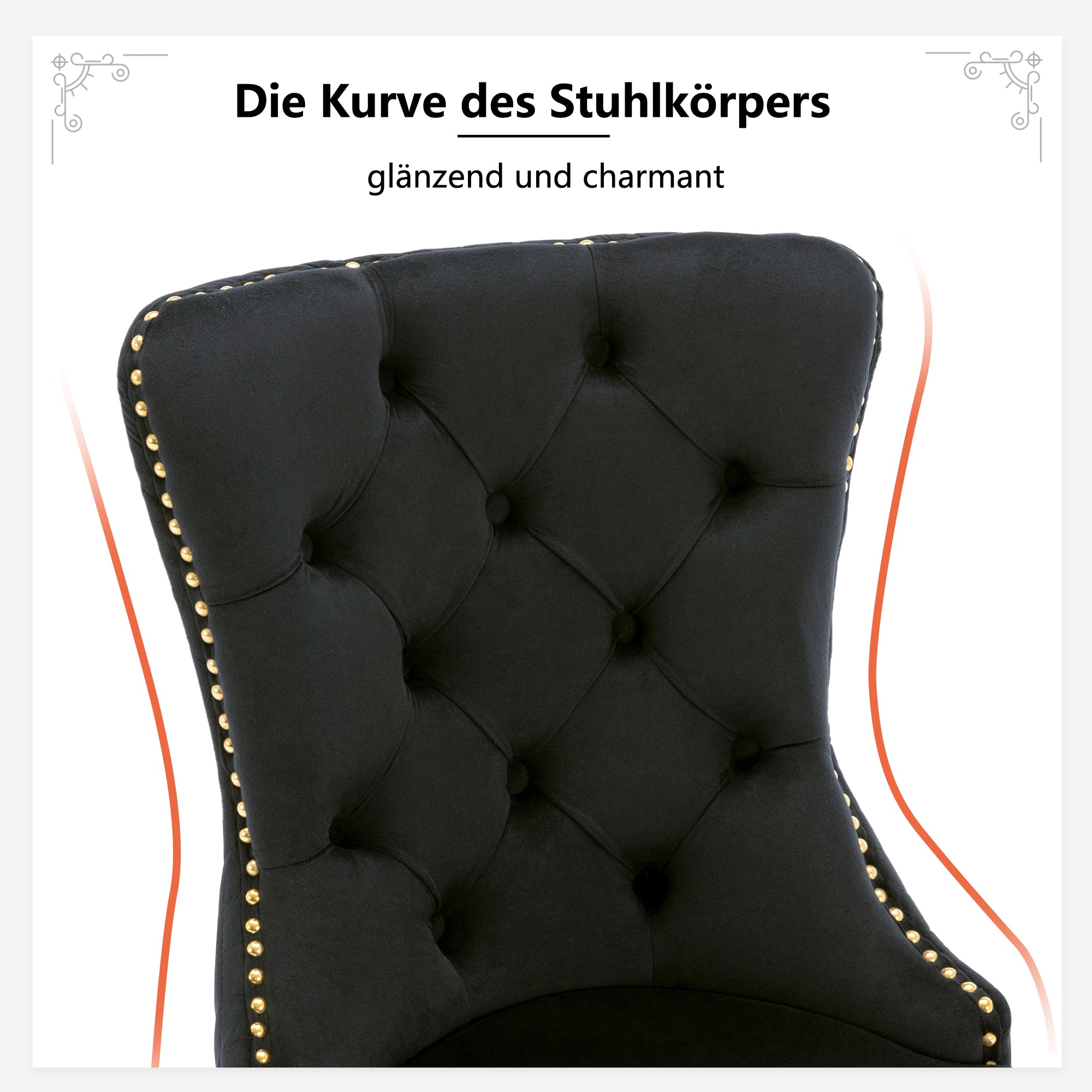 Logidon Eetkamerstoel fluweel zwart goud met spijkerkopversiering set van 6