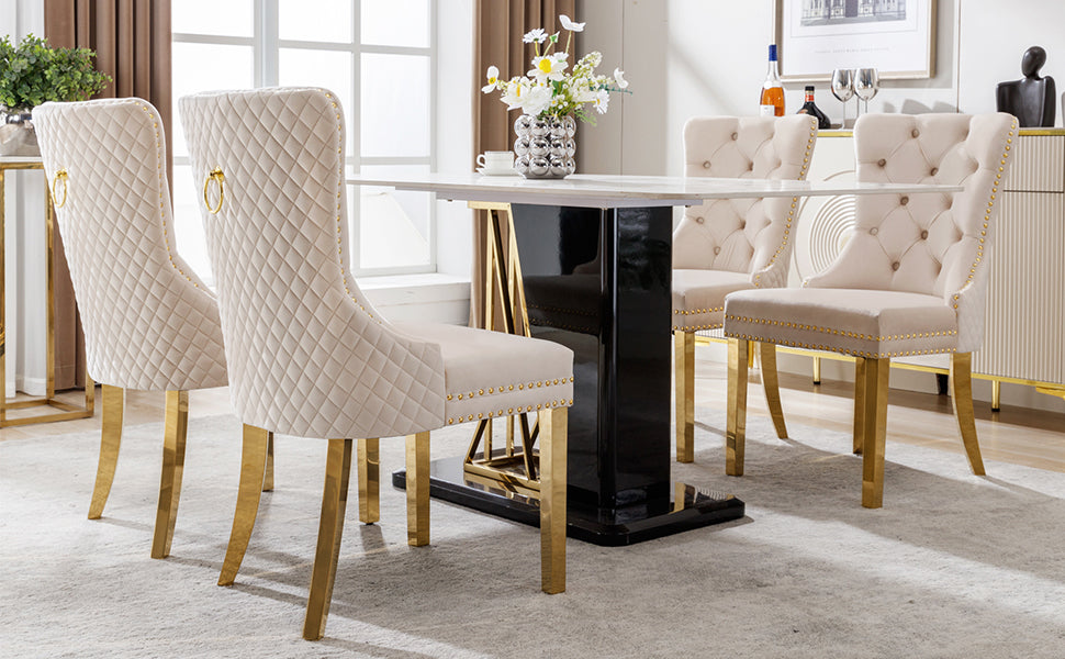 Logidon Dining Chair Set of 4 Beige Velvet Door Knocker Gold Steel Legs