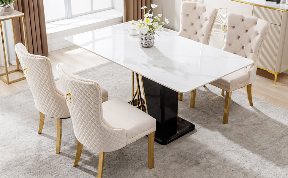 Logidon Dining Chair Set of 4 Beige Velvet Door Knocker Gold Steel Legs