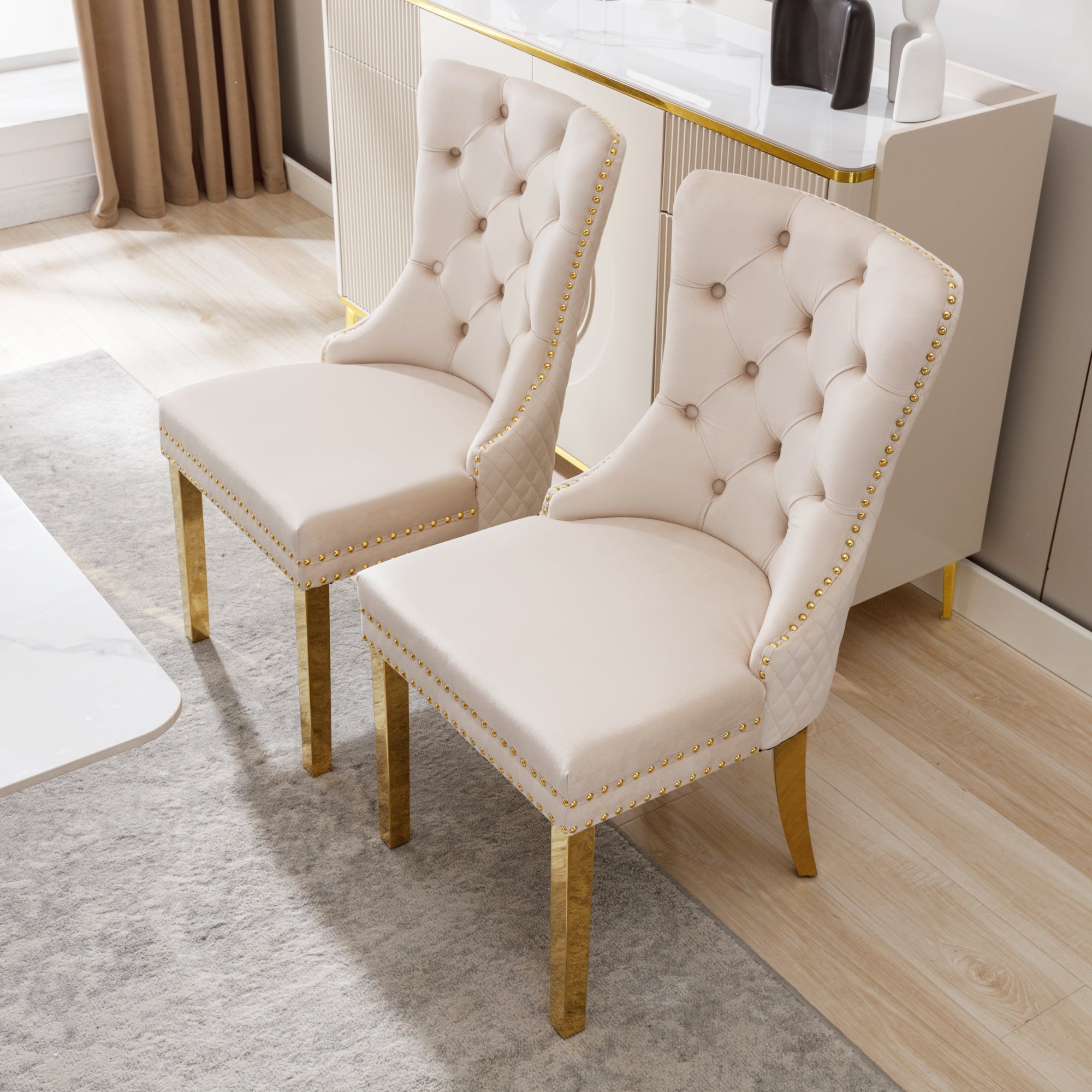Logidon Eetkamerstoel fluweelbeige goudkleurige spijkerkopversiering set van 2