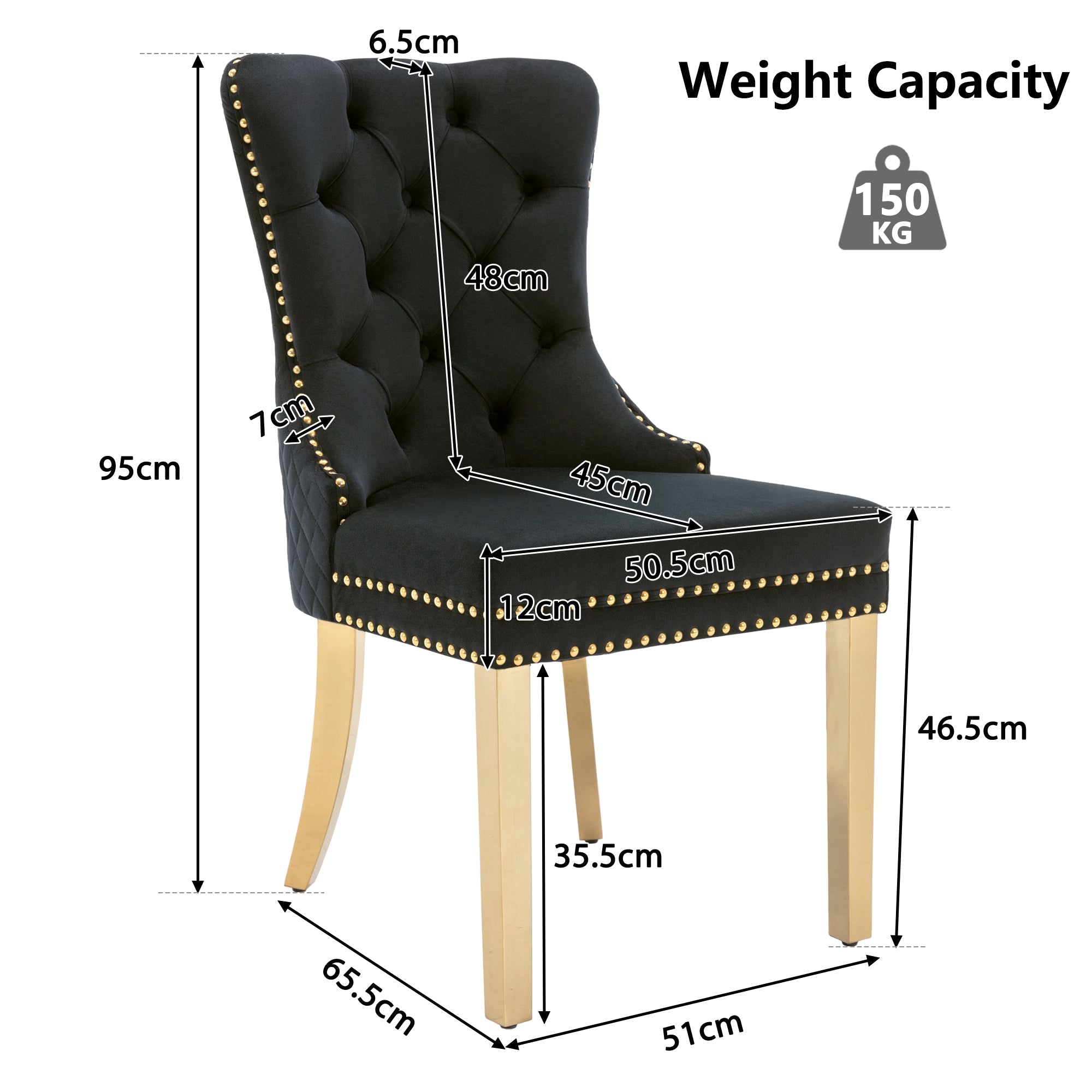 Logidon Dining Chair Set of Two Black Gold Velvet with Nail Head Trim