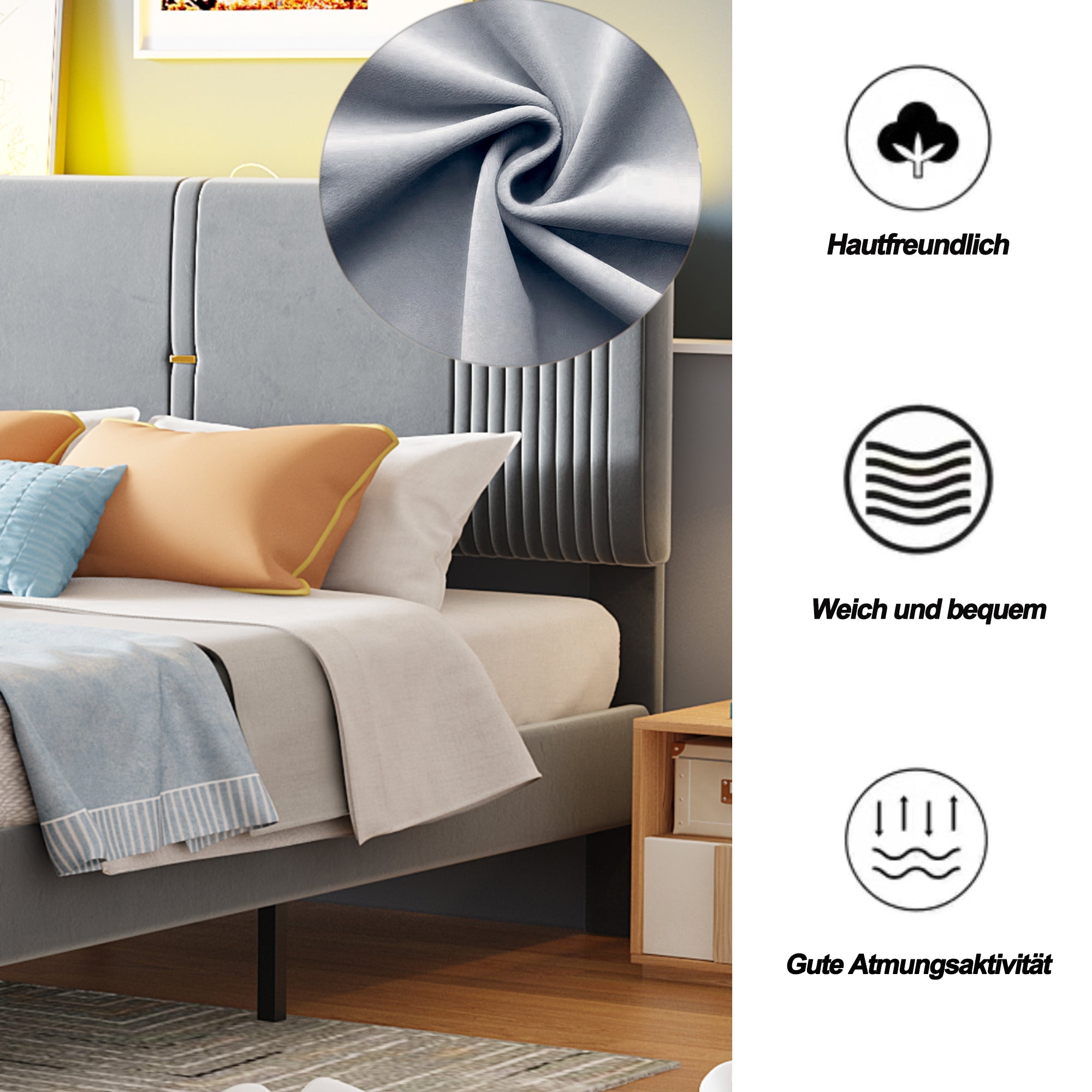 Logidon gestoffeerd bed 140x200 cm met LED lichtstrip USB aansluiting grijs