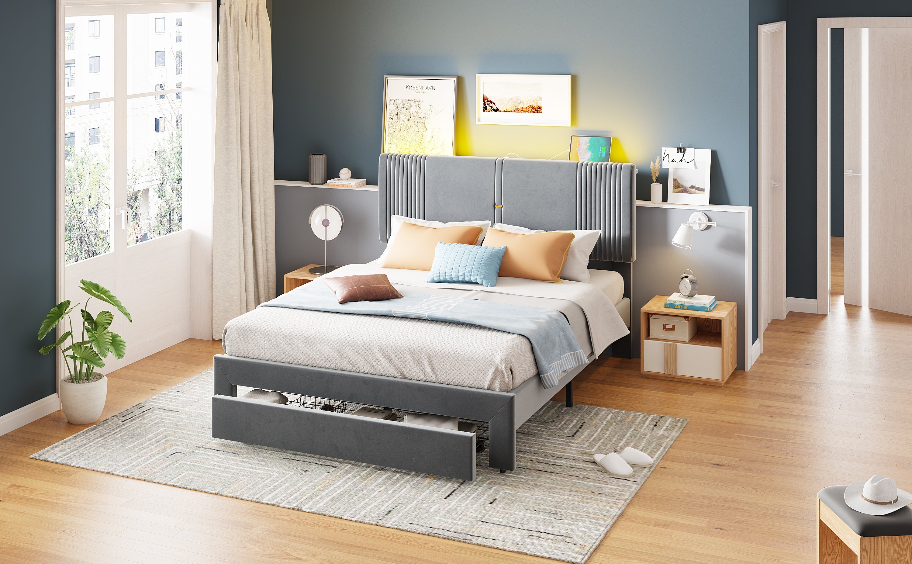 Logidon gestoffeerd bed 140x200 cm met LED lichtstrip USB aansluiting grijs