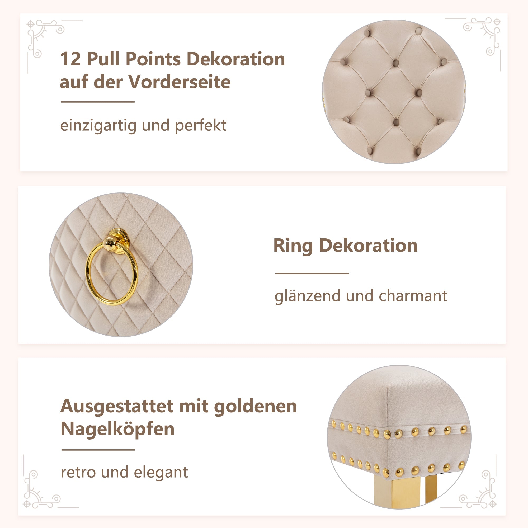 Logidon Eetkamerstoel fluweelbeige goudkleurige spijkerkopversiering set van 2