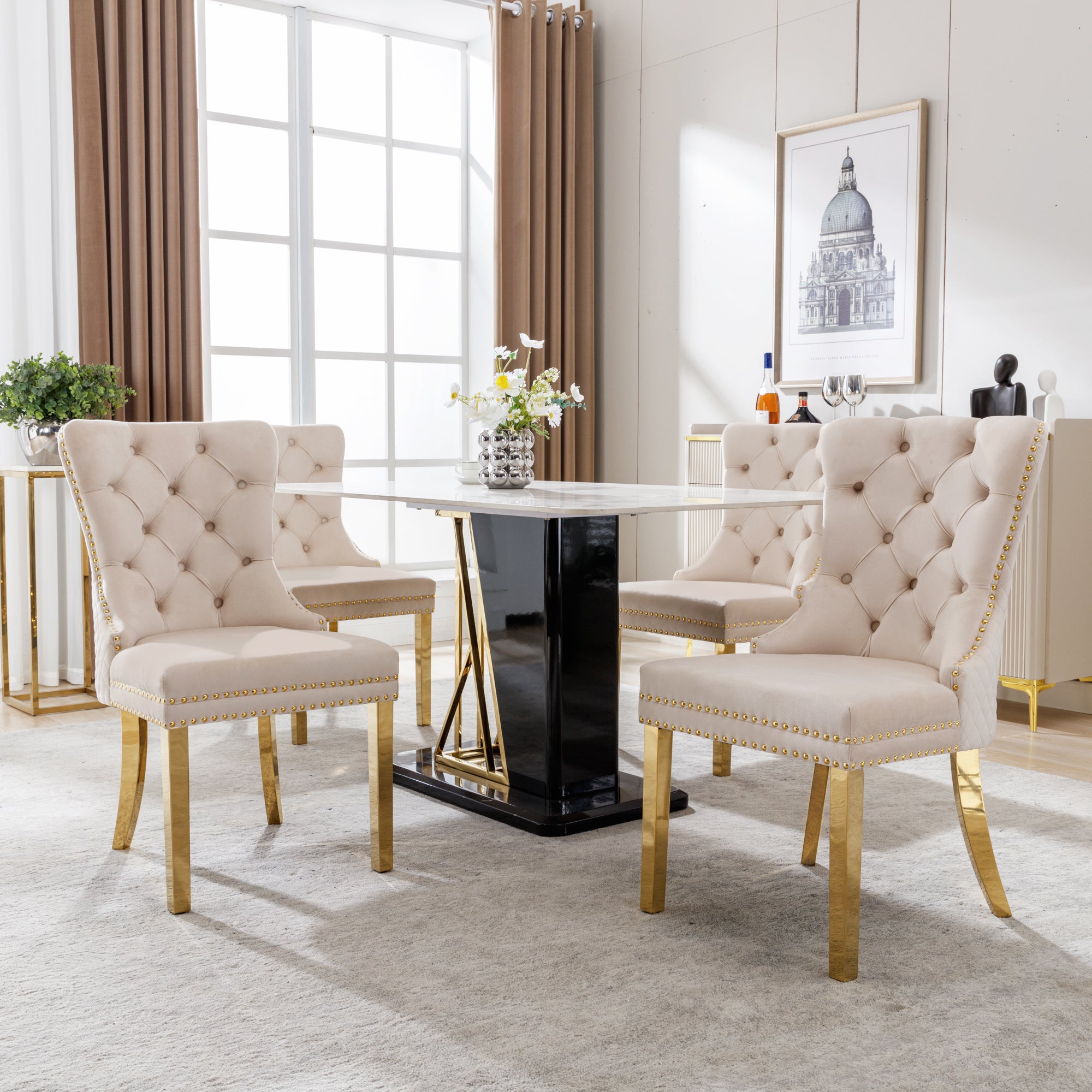 Logidon Dining Chair Set of 4 Beige Velvet Door Knocker Gold Steel Legs