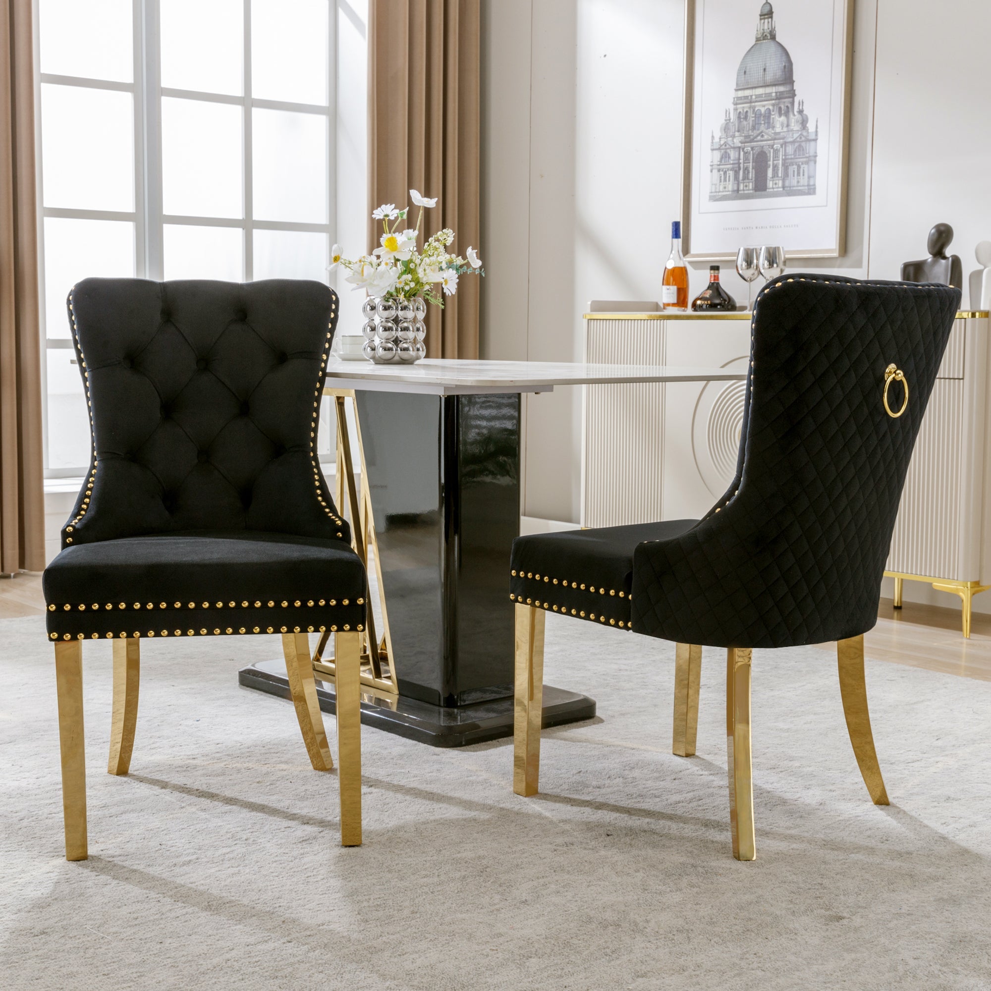 Logidon Dining Chair Set of Two Black Gold Velvet with Nail Head Trim