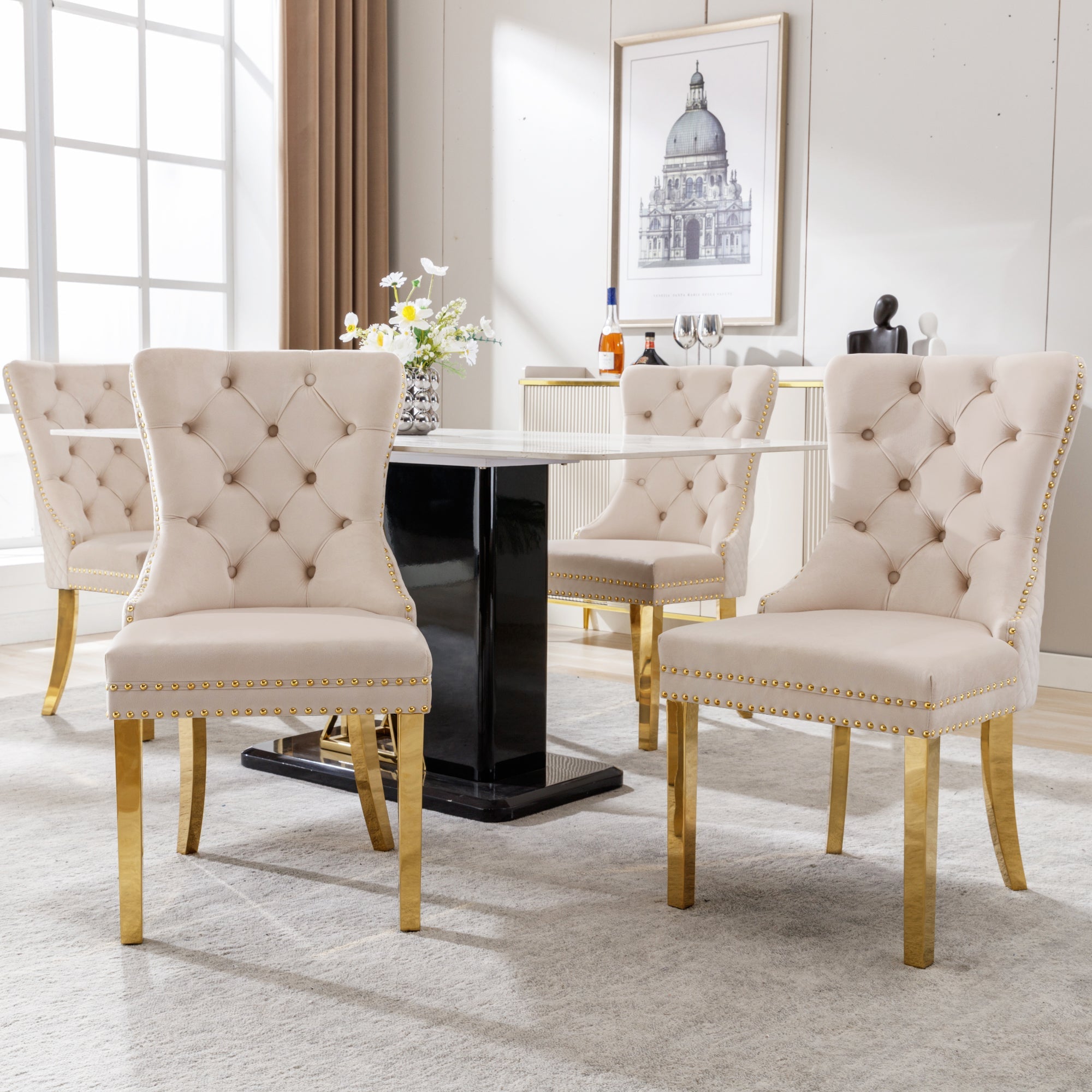 Logidon Dining Chair Set of 4 Beige Velvet Door Knocker Gold Steel Legs