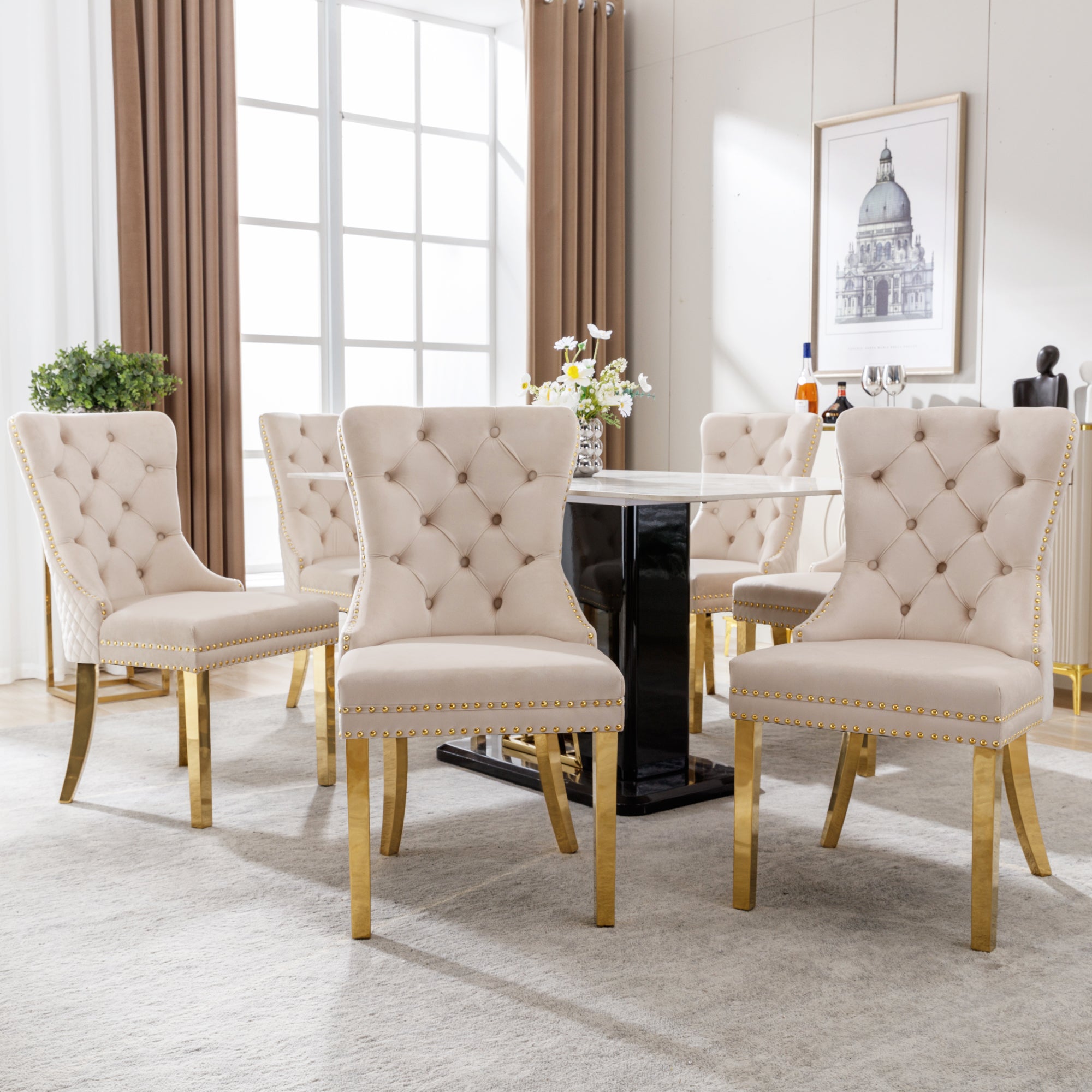Logidon eetkamerstoelenset beige goud met deurklopper en spijkerkopafwerking
