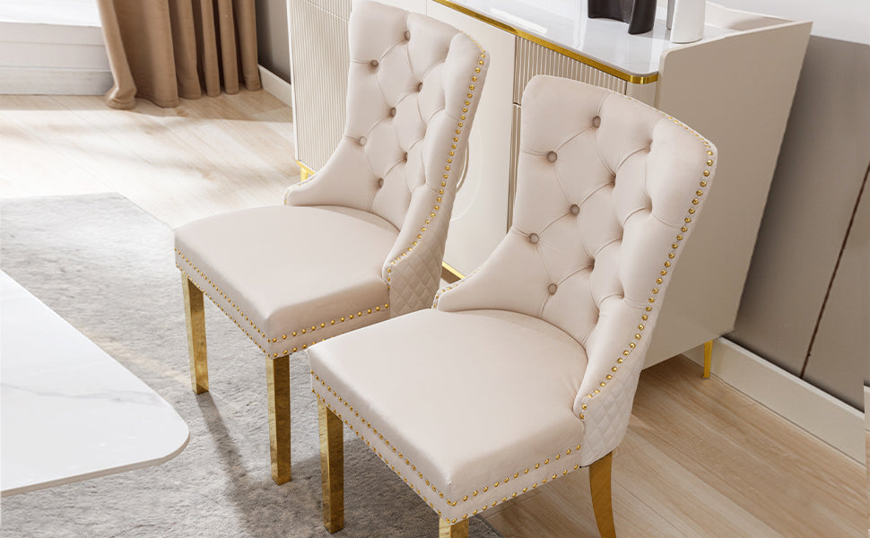 Logidon Eetkamerstoel fluweelbeige goudkleurige spijkerkopversiering set van 2