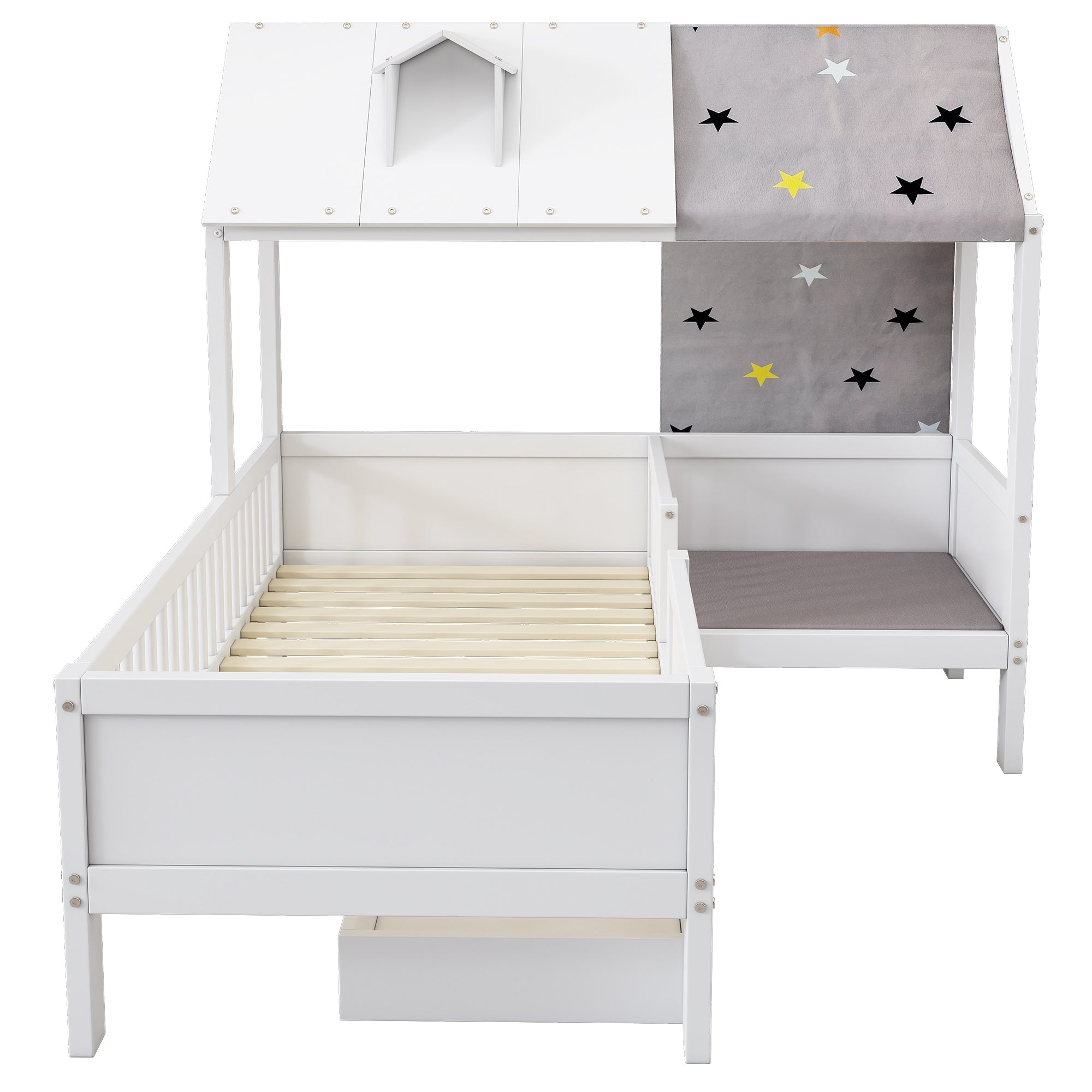 Logidon Huisvormig kinderbed hout 90x200 Witte tentstof Laden