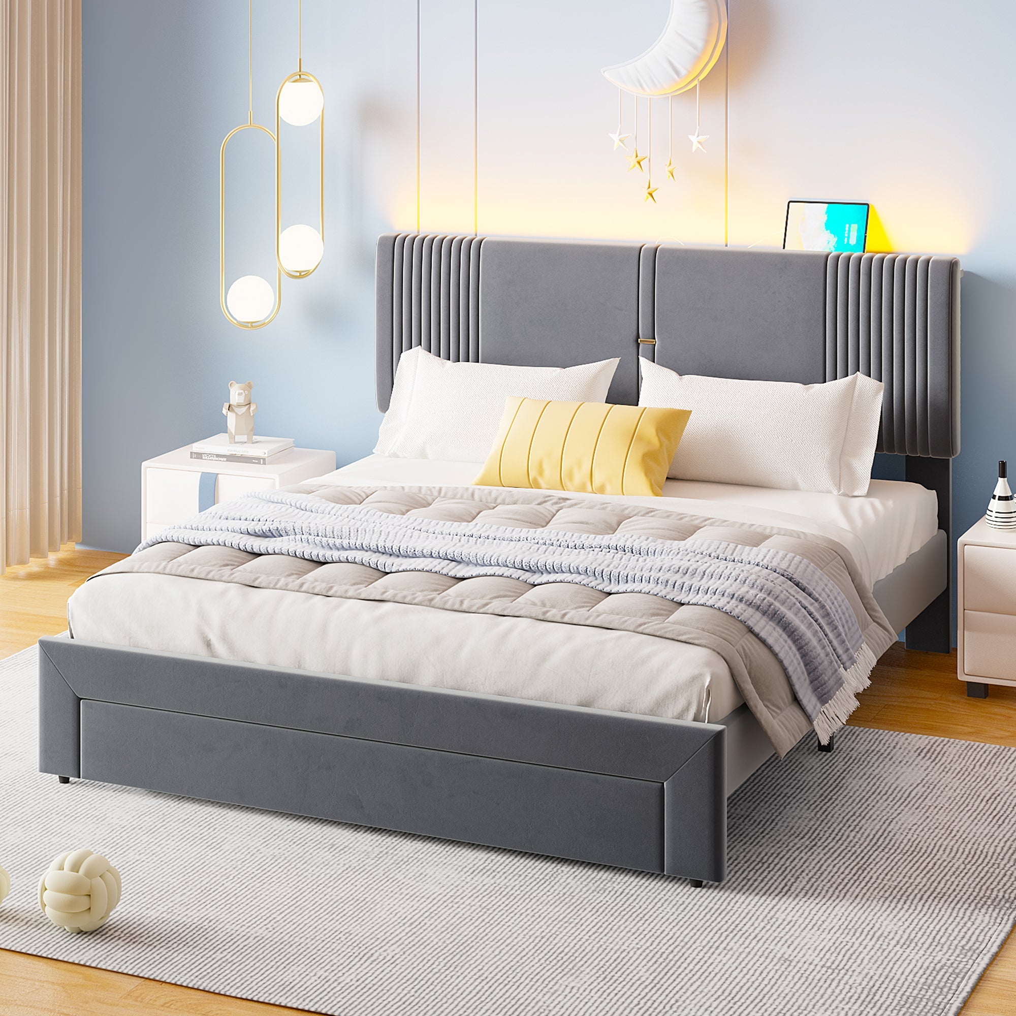 Logidon gestoffeerd bed 160x200 cm met lichtstrip en USB rugleuning grijs