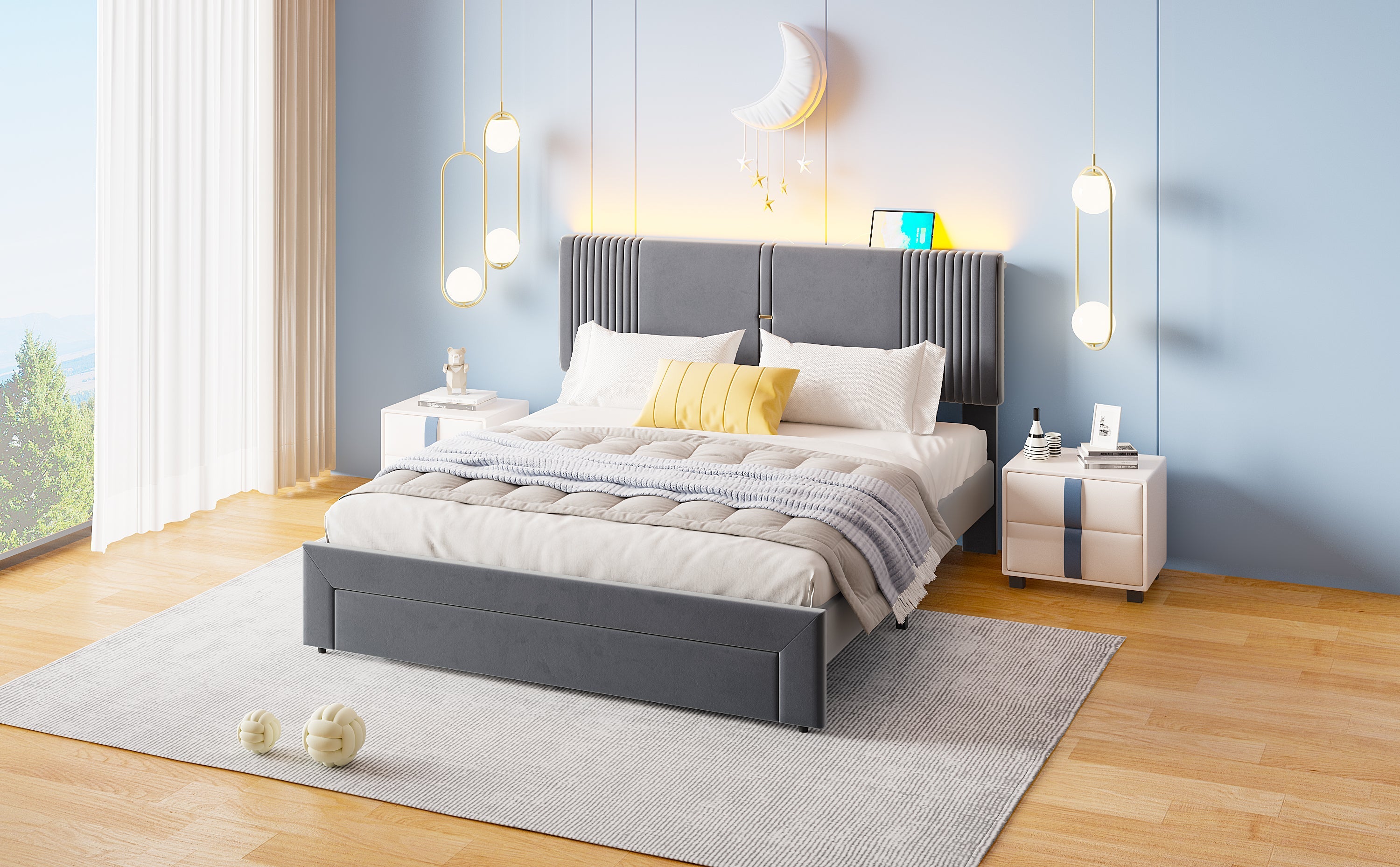 Logidon gestoffeerd bed 160x200 cm met lichtstrip en USB rugleuning grijs