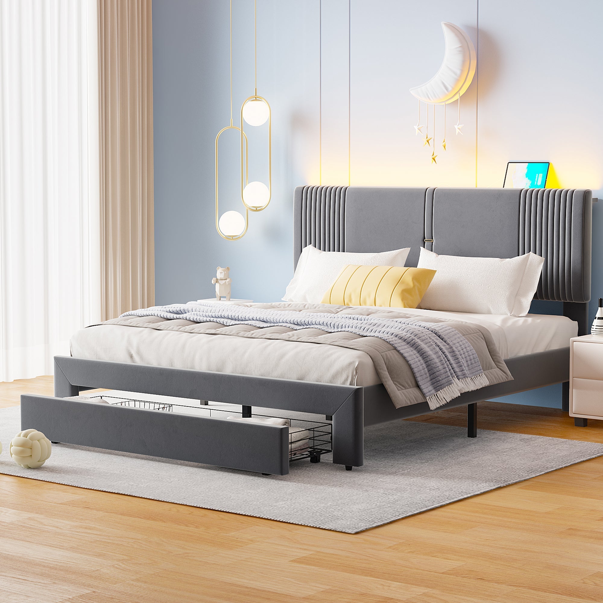 Logidon gestoffeerd bed 160x200 cm met lichtstrip en USB rugleuning grijs