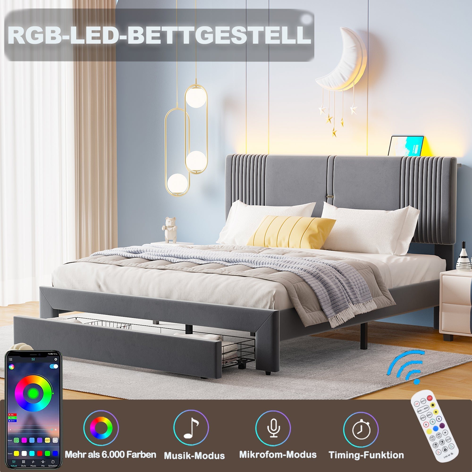 Logidon gestoffeerd bed 160x200 cm met lichtstrip en USB rugleuning grijs