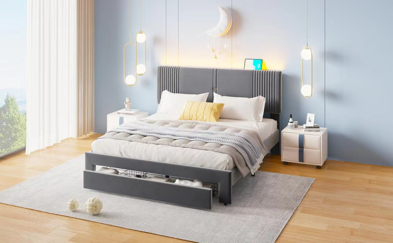 Logidon gestoffeerd bed 160x200 cm met lichtstrip en USB rugleuning grijs