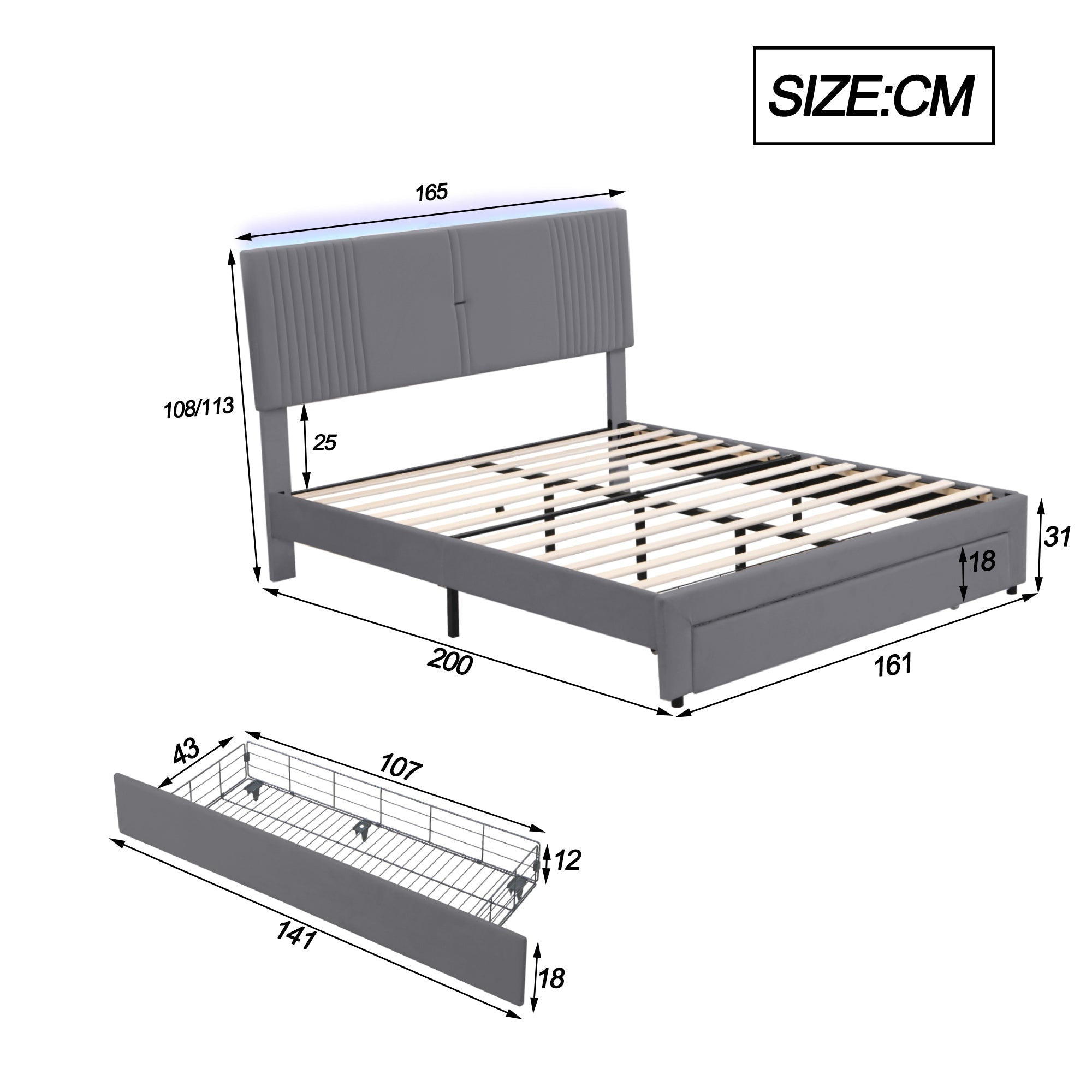 Logidon gestoffeerd bed 160x200 cm met lichtstrip en USB rugleuning grijs