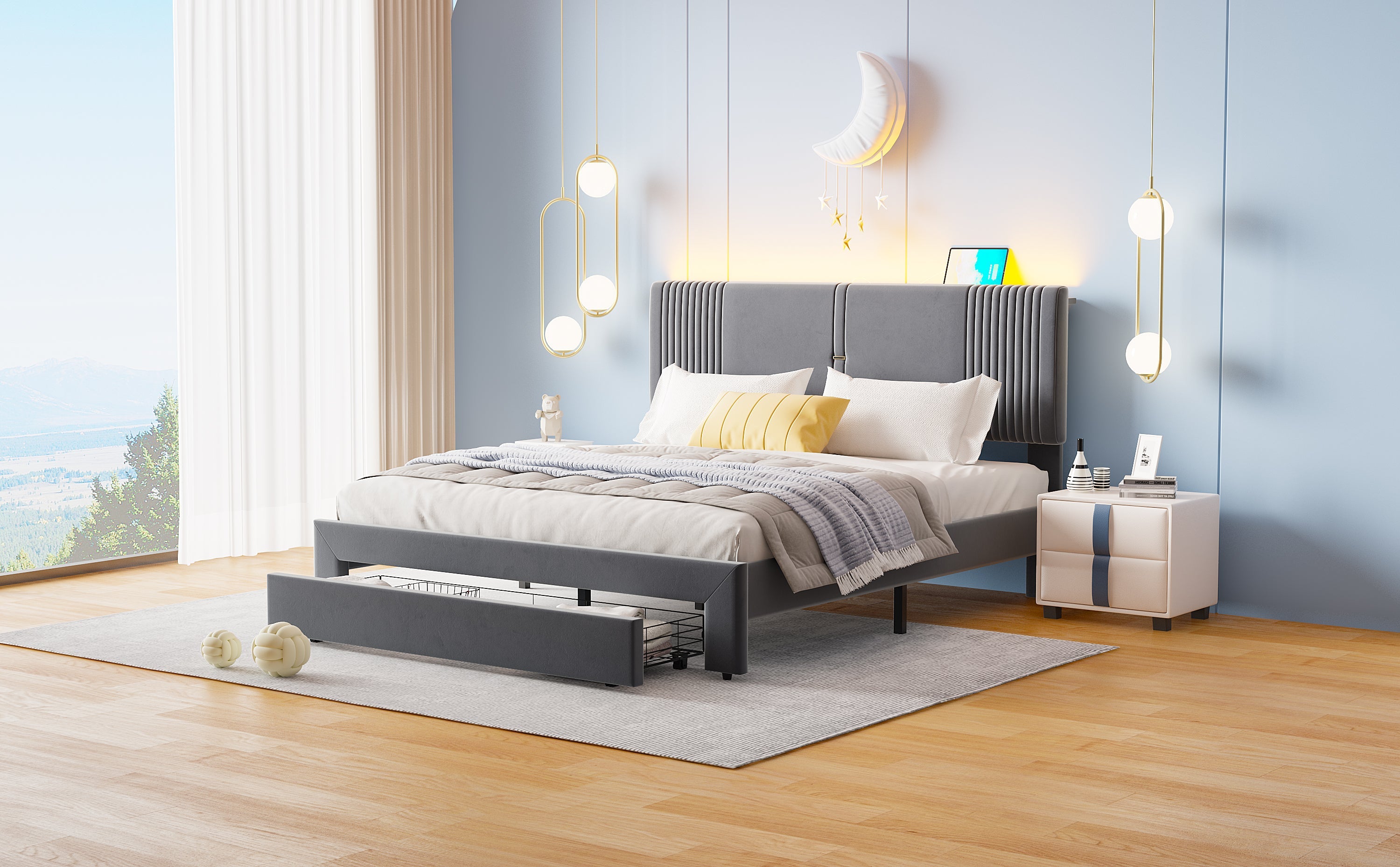 Logidon gestoffeerd bed 160x200 cm met lichtstrip en USB rugleuning grijs