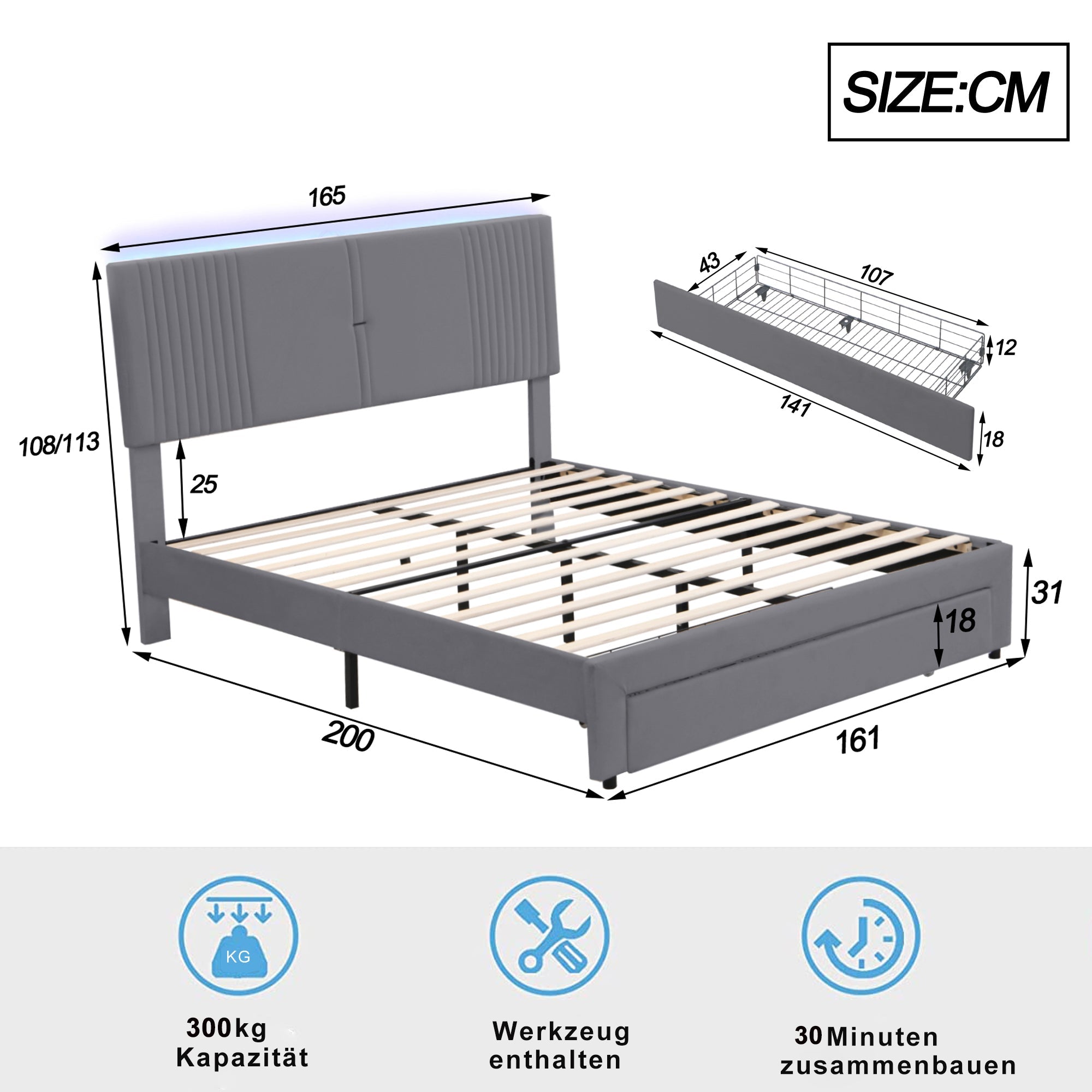Logidon gestoffeerd bed 160x200 cm met lichtstrip en USB rugleuning grijs